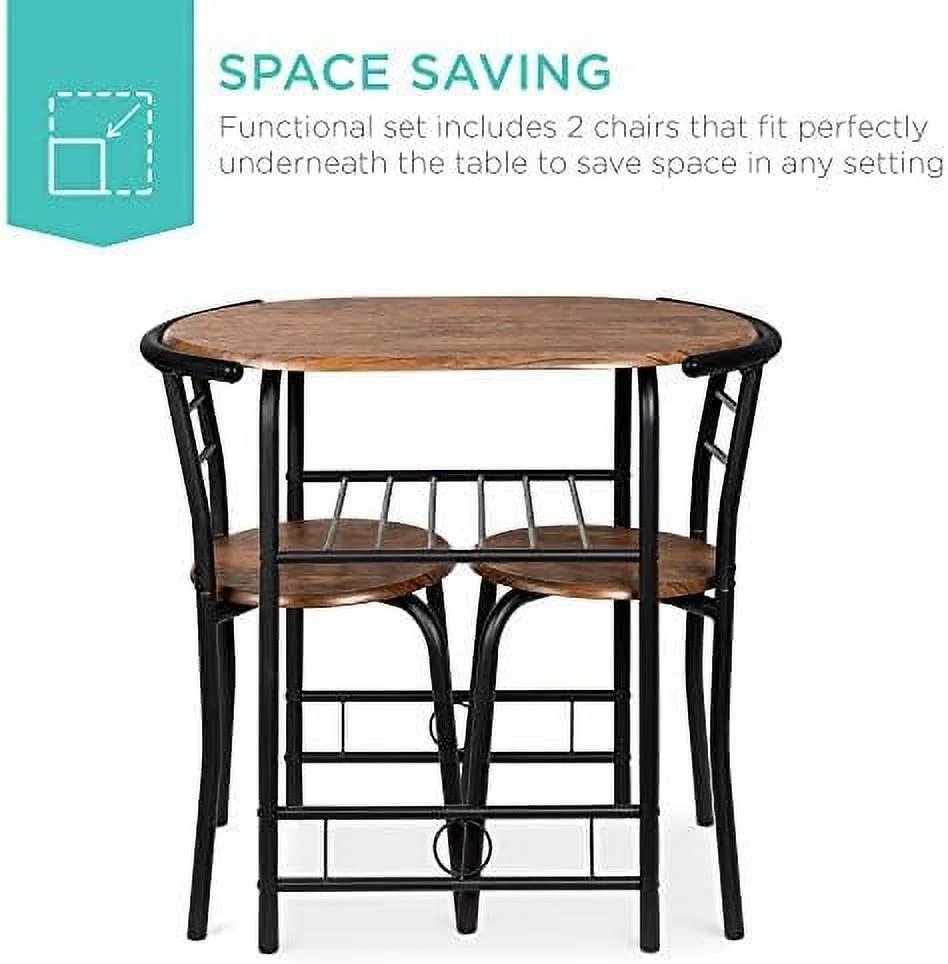 JDZHAPPYLIFE 3-Piece Wooden Round Table & Chair Set for Kitchen  Dining Room  Compact Space w/Steel Frame  Built-in Wine Rack - Espresso