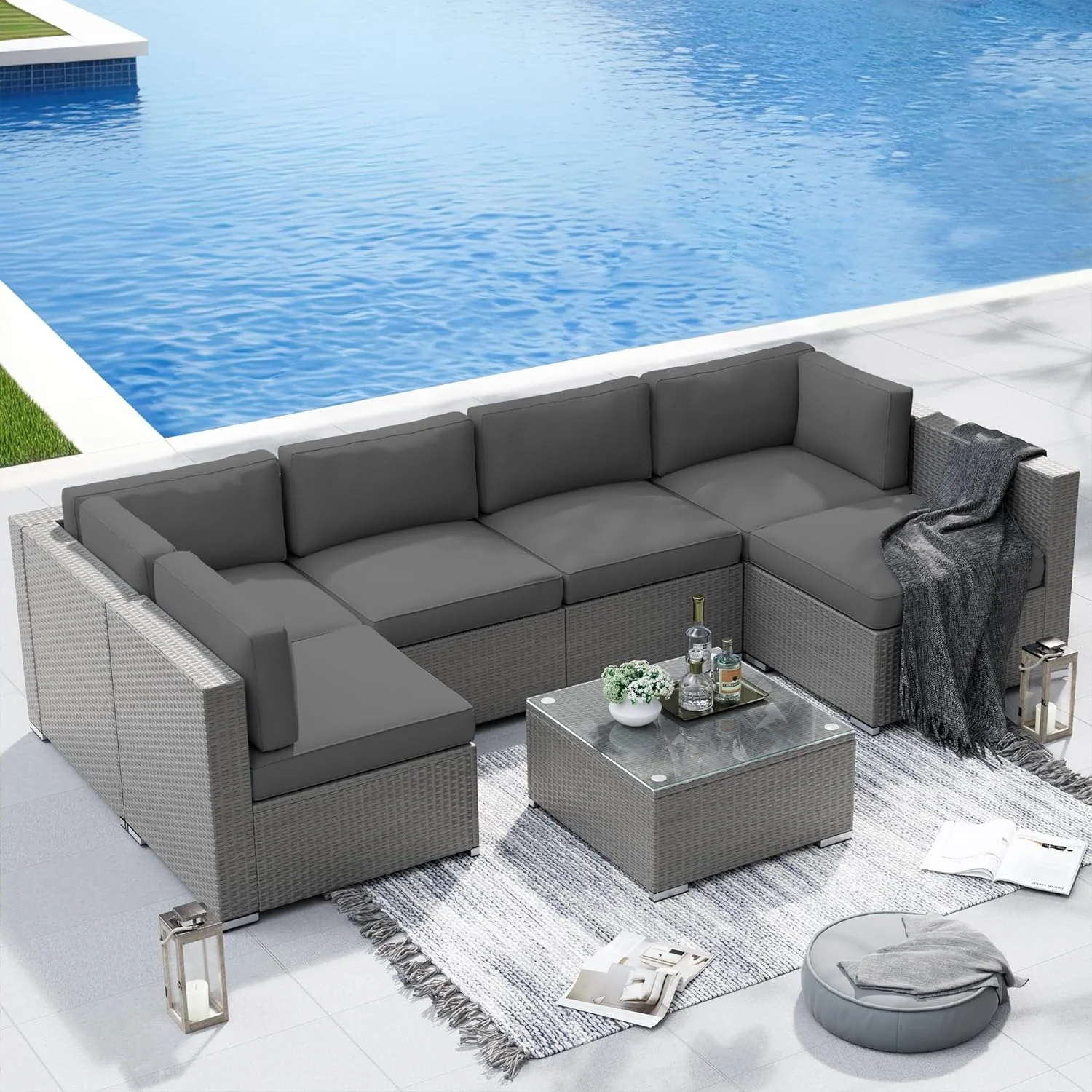 Dina Outdoor Patio Furniture 7-Piece Patio Grey Wicker Modular Sectional Sofa Seating  Patio Conversation Set with Glass Coffee Table (Dark Red Cushion)