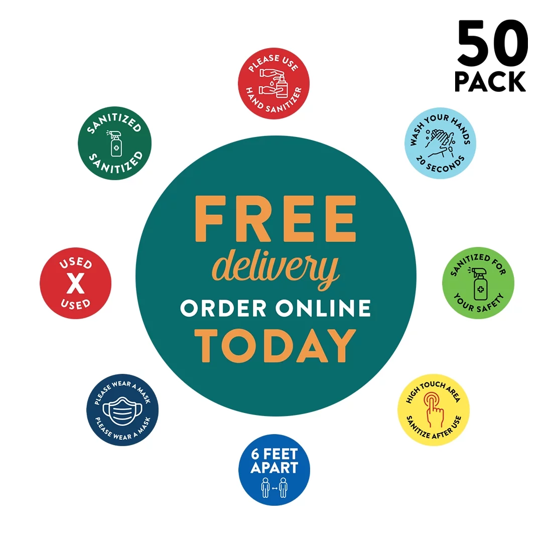 Koyal Wholesale Social Distancing Free Delivery, Order Online Today Business Signs, 50-Pack, Vinyl Sticker Decals