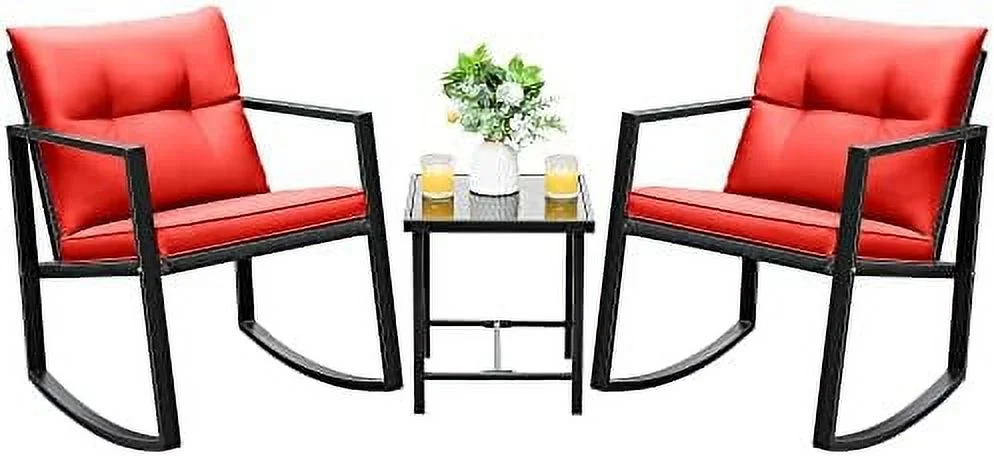 GEROBOOM 3 Piece Rocking  Wicker Patio Outdoor  Porch Chairs Conversation Sets with Glass Coffee Table (Blue)