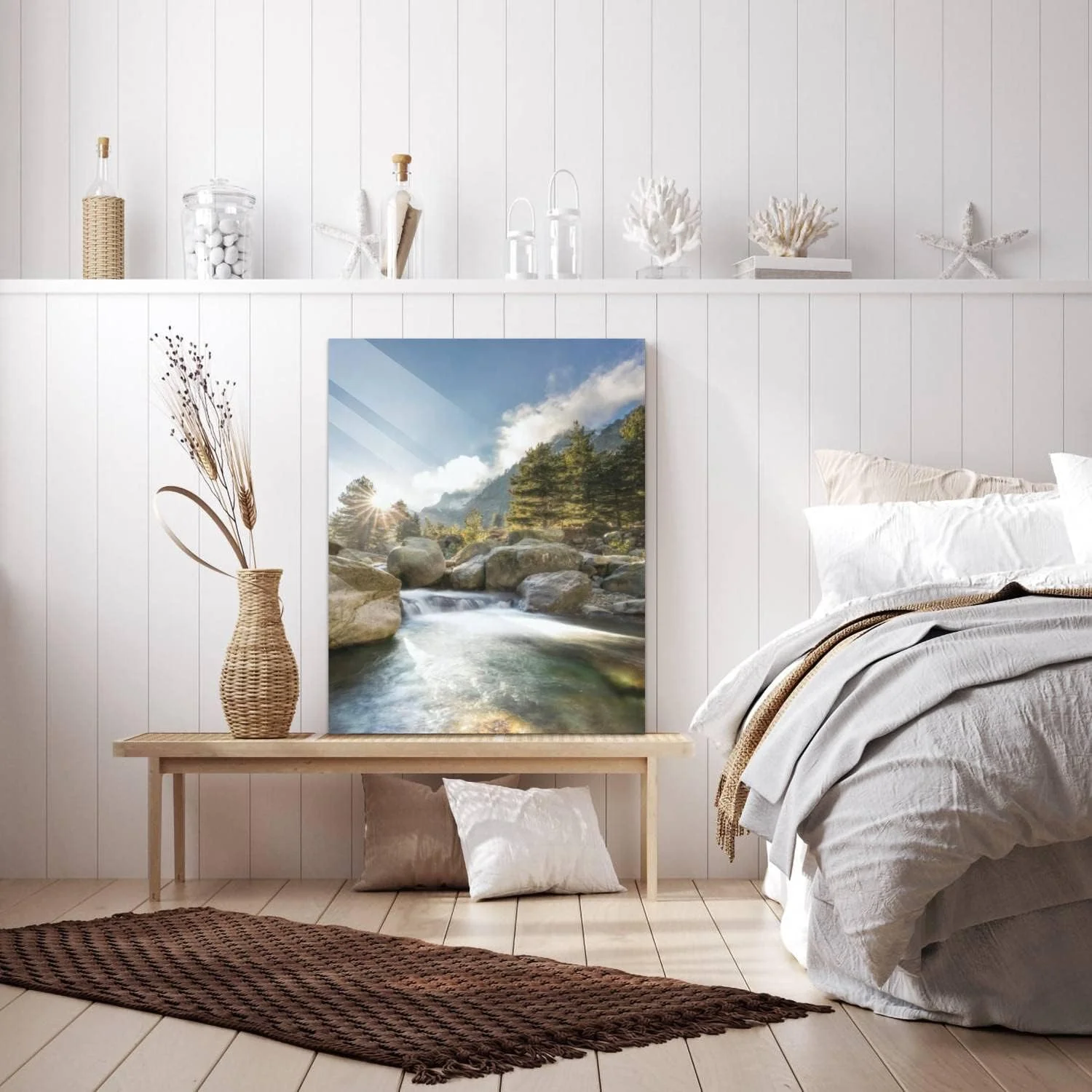 HelloGlass Tempered Glass Wall Art Decor Waterfalls and boulders at Restonica in the mountains of Corsica Prints On Glass Paingting Picture Modern Artworks For Living Room Bedroom Office 12x8inch