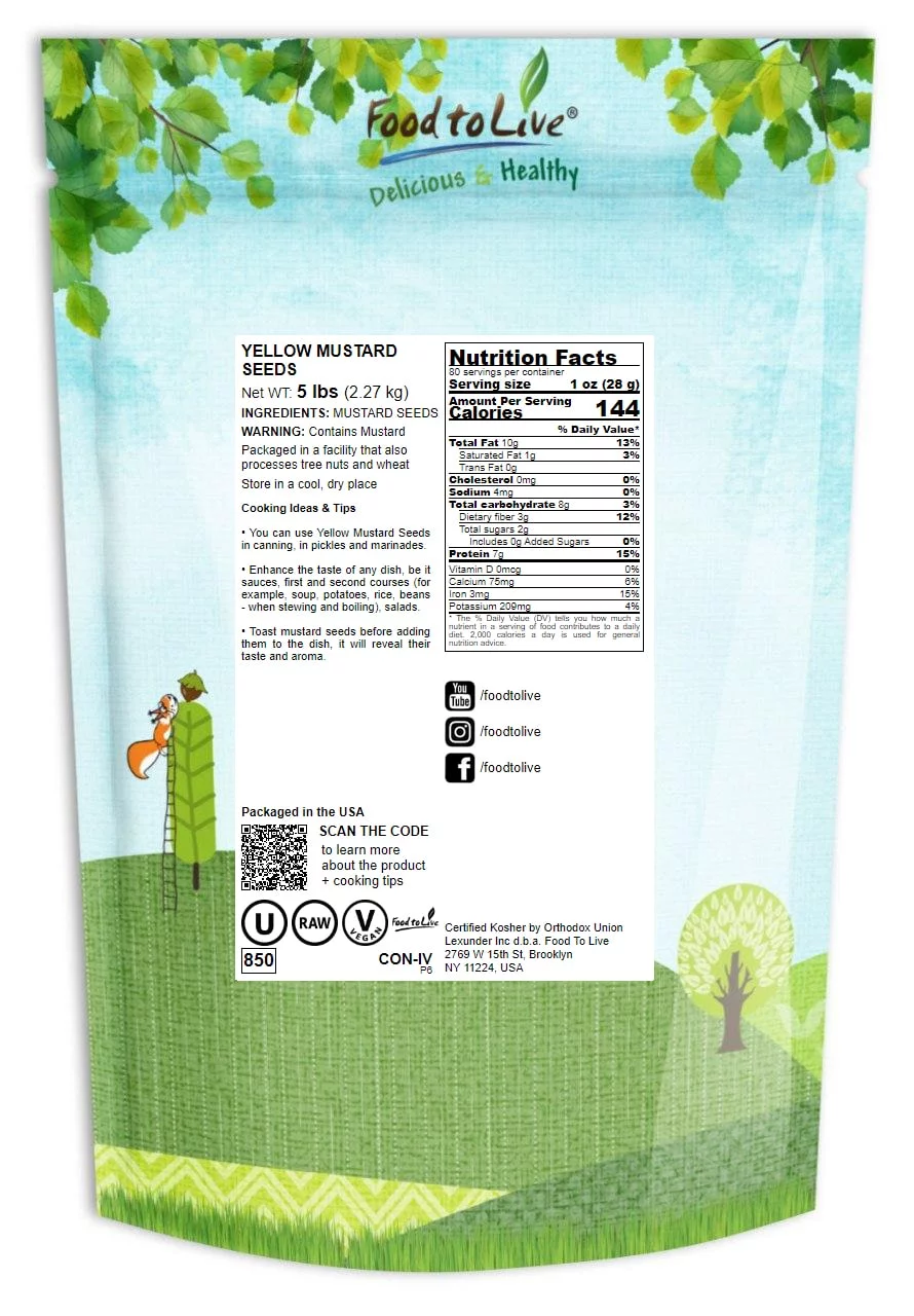 Yellow Mustard Seeds, 5 Pounds — Raw, Kosher, Vegan — by Food to Live