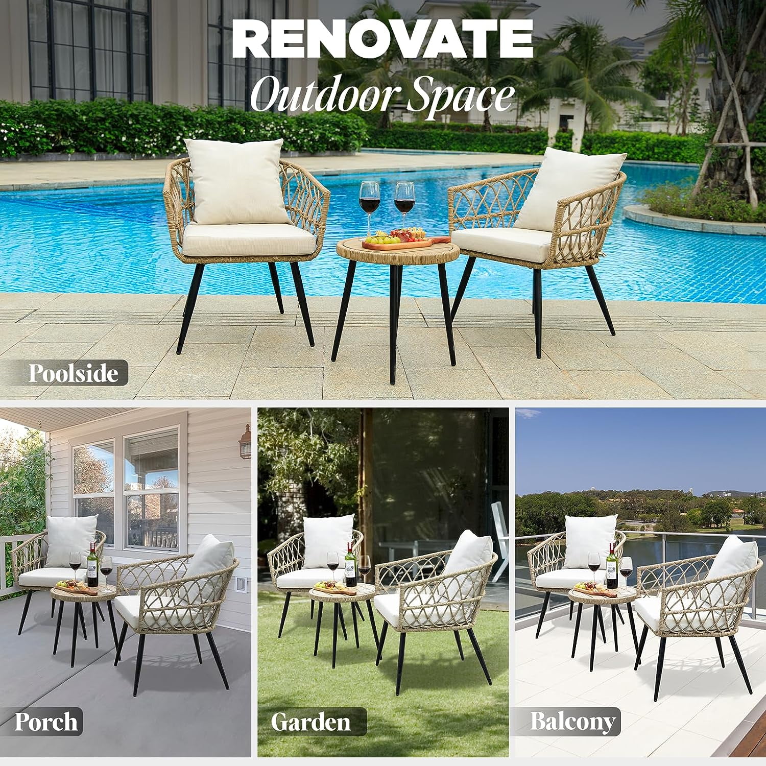 Idzo Pierre Wicker Patio Table And Chairs Set of 2 with Premium Olefin Fabric Soft Cushions