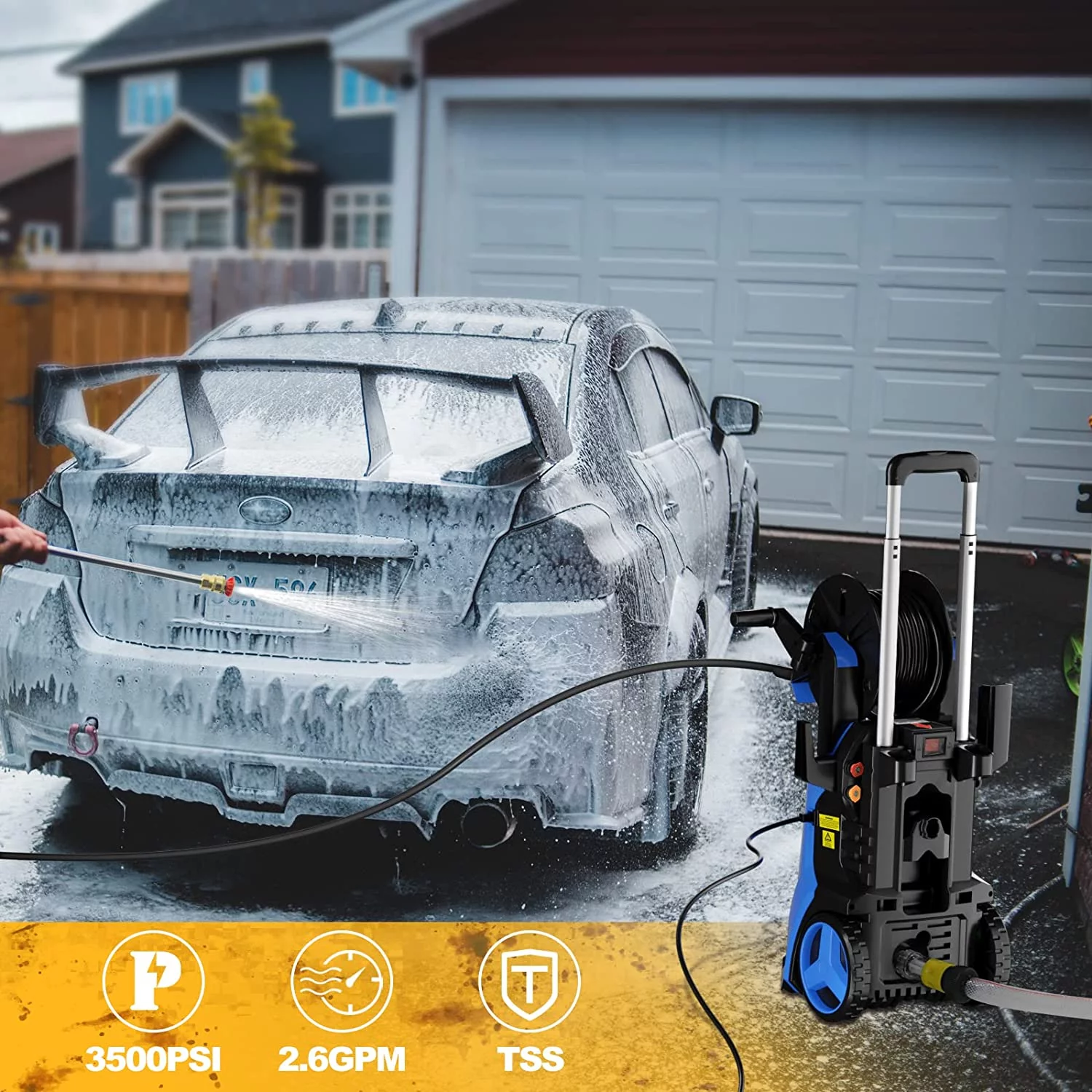 Vebreda 1800W 3500PSI Electric Pressure Washer Cleaner with Hose Reel, Blue