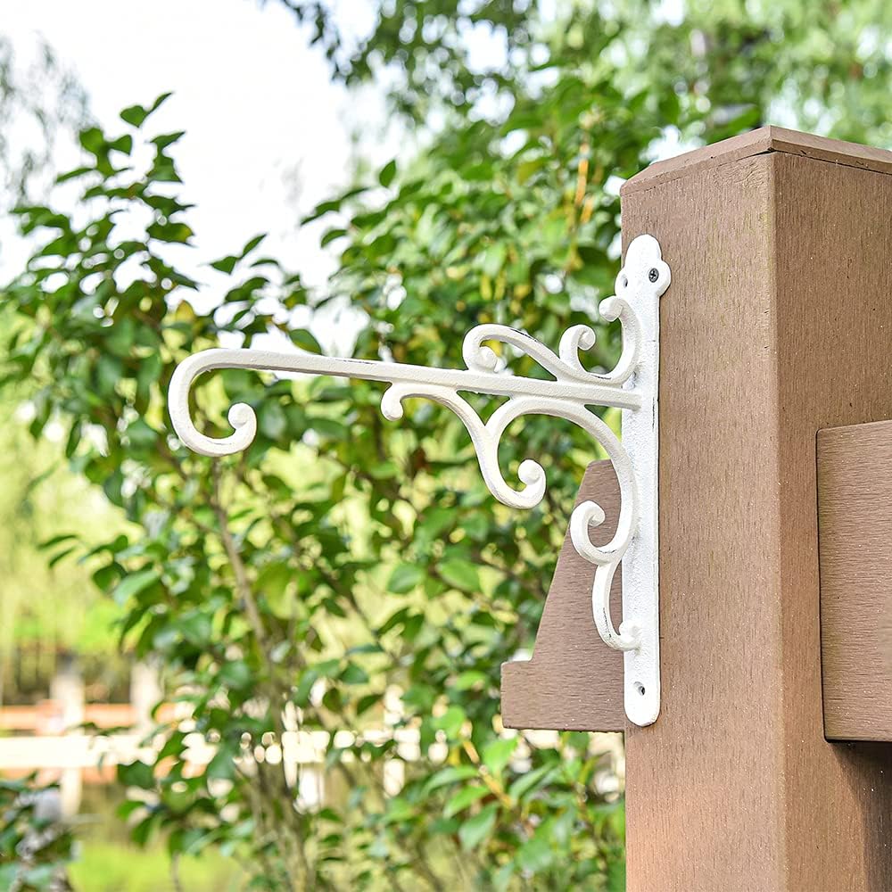 Sungmor Cast Iron Wall Hook Plant Hangers - Home & Garden Heavy Duty Hanging Bracket Plant Hooks - 2PC WHITE Decorative Wall Mount Hooks for Hanging Planter Pot Bird Feeder Birdcage Lantern Wind Chime