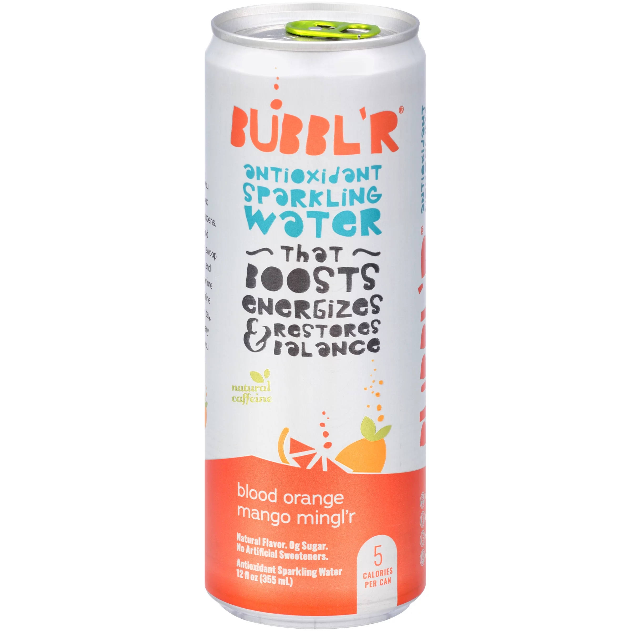 Bubbl'r Blood Orange Mango Antioxidant Sparkling Water with a Boost of Caffeine, 12 fl oz Can