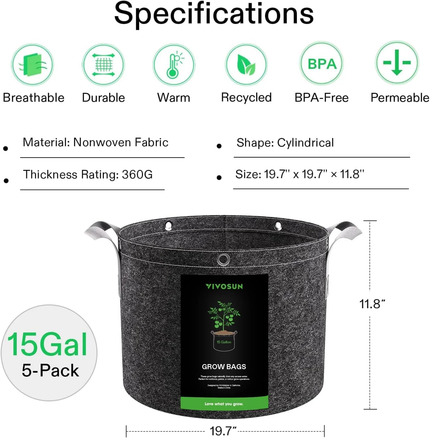 VIVOSUN 15 Gallon Grow Bags, 360G Thick Nonwoven Fabric Pots with Strap Handles, Multi-Purpose Rings, 5-Pack