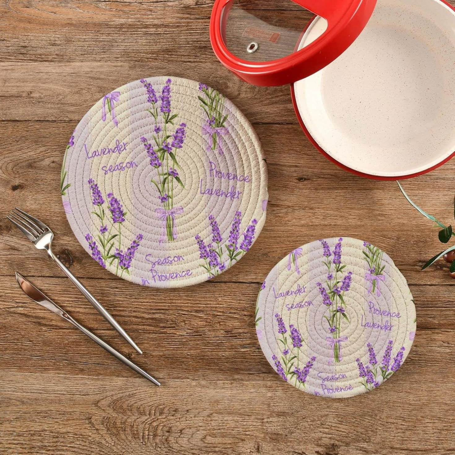 Stripe Lavender Flowers Potholders Set Trivets Set 2 PCS, Summer Spring Floral Pot Holders for Kitchen, 100% Cotton Woven Hot Pads Trivets Set for Kitchen Heat Resistant, 7.09