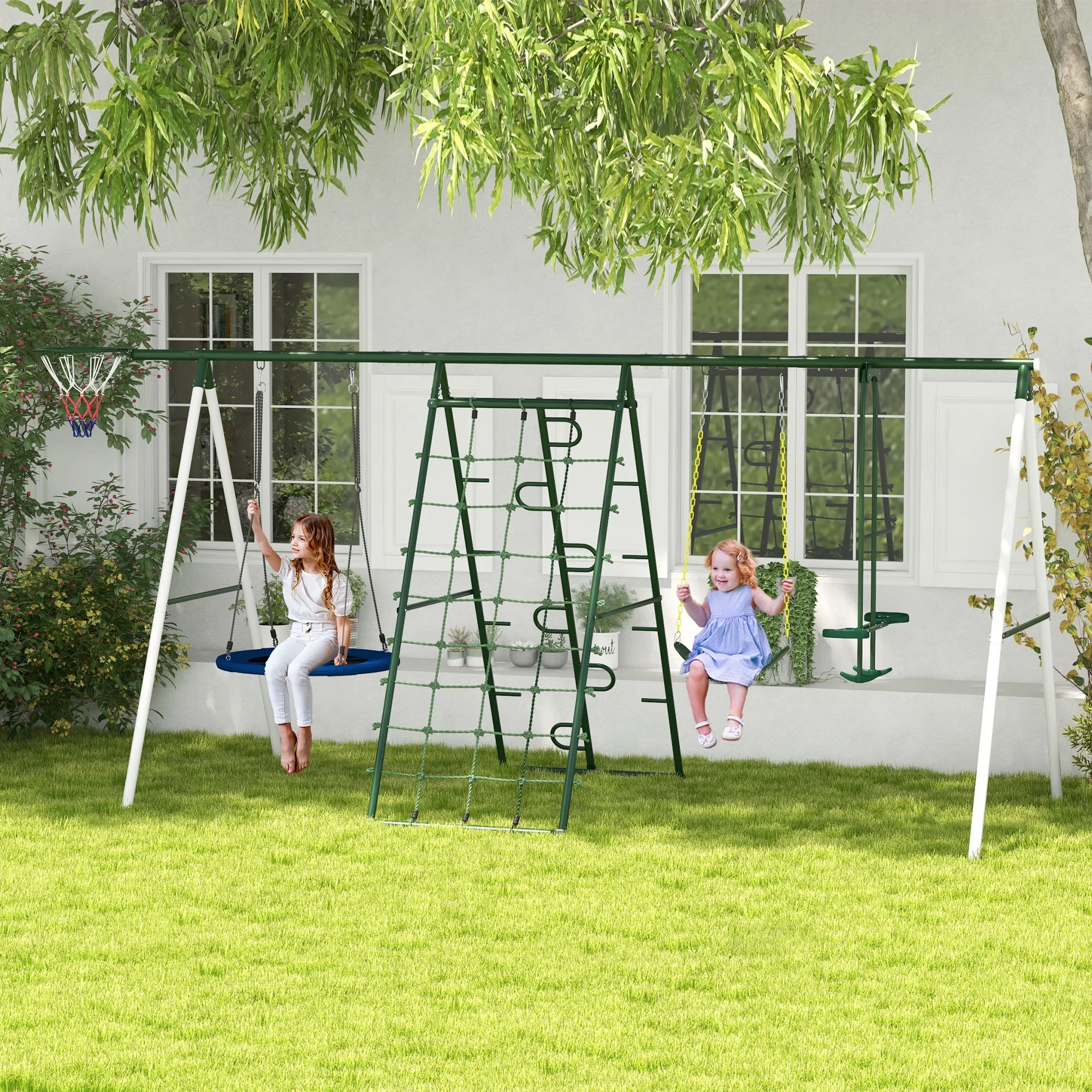 Outsunny Metal Swing Set for Backyard Holds up to 528 lbs. for Ages 3-8