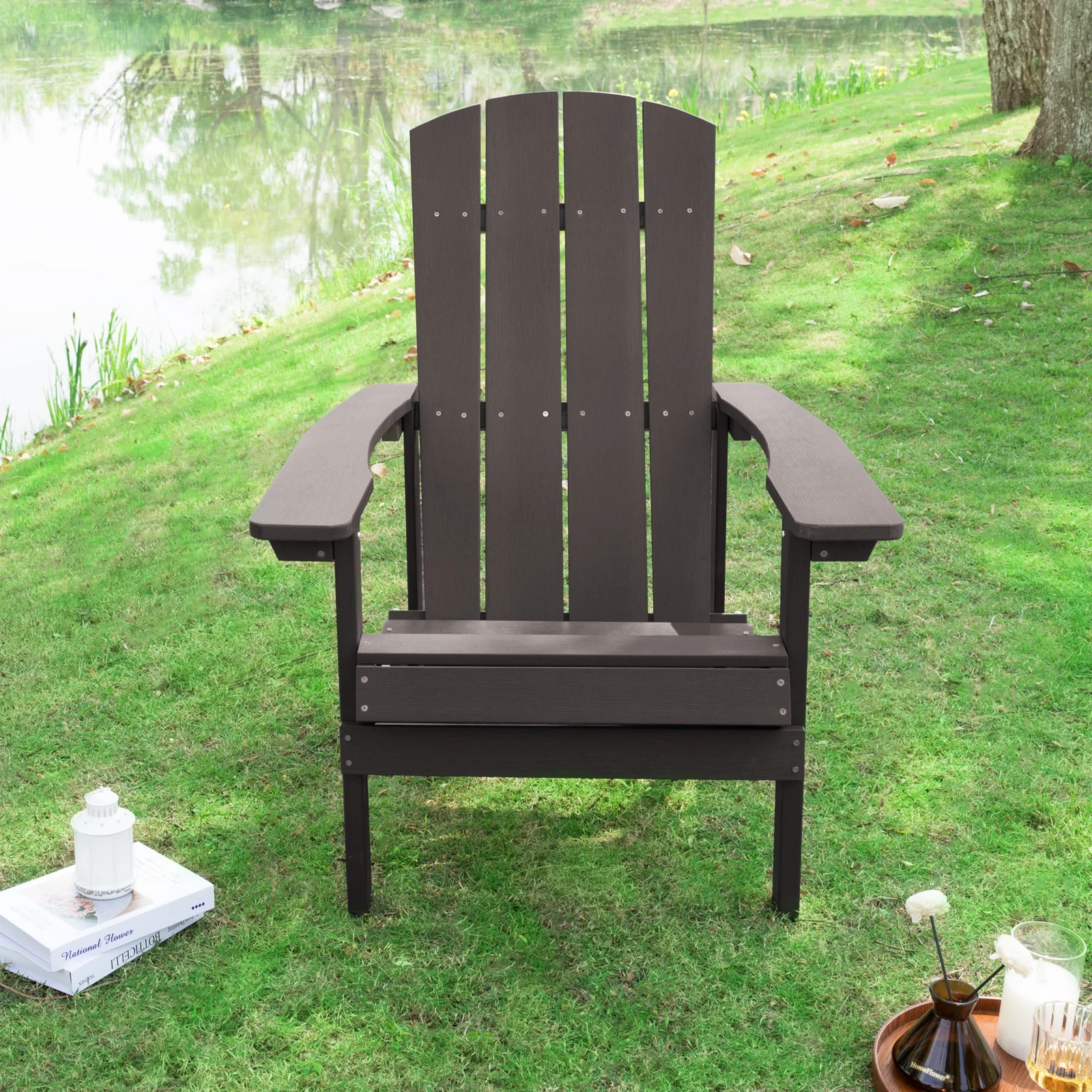 MIDODO Folding Adirondack Chair, Wooden Outdoor Lawn Patio Chair Weather Resistant Fire Pit Chairs for Yard Garden