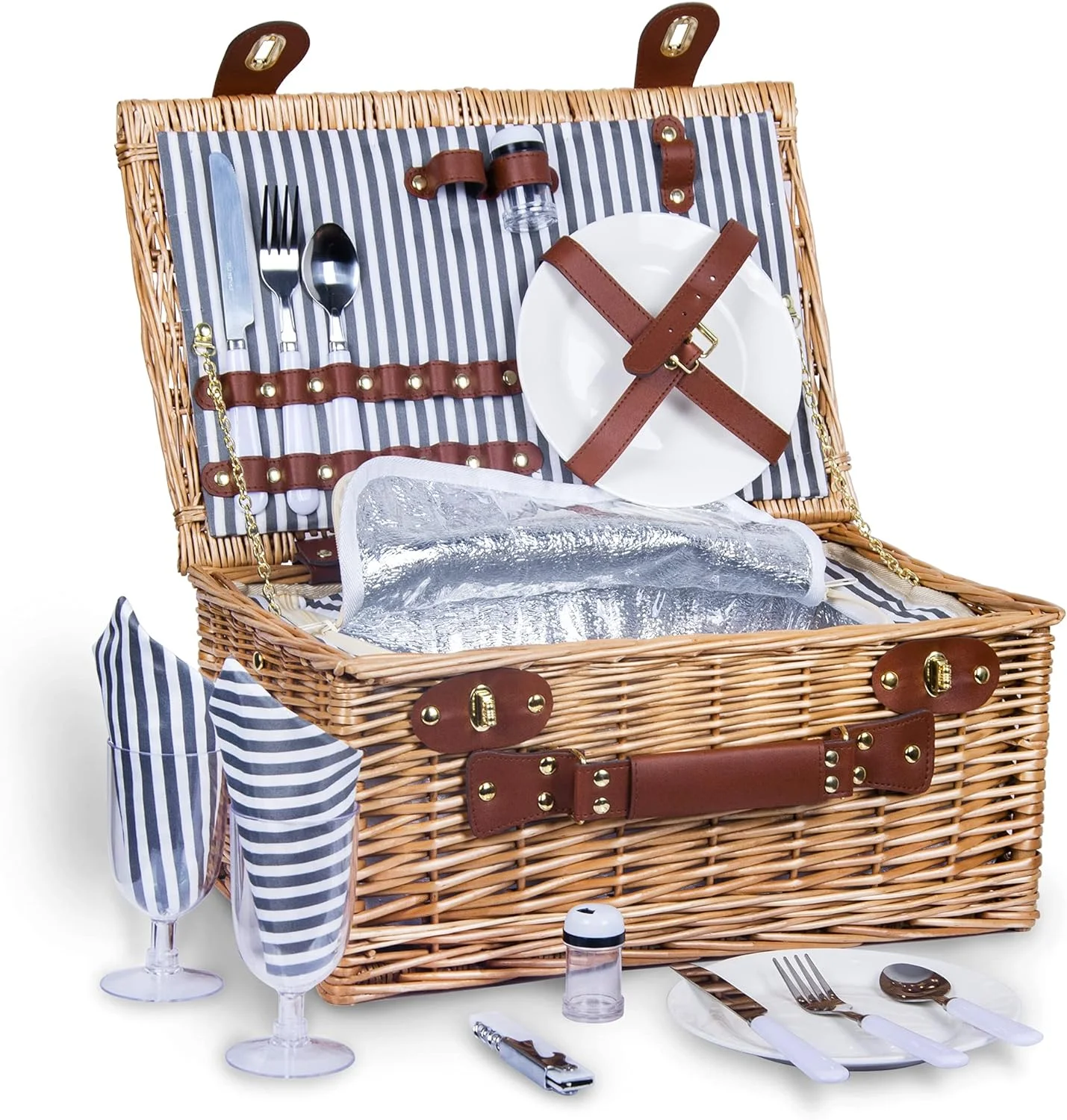 Wicker Picnic Basket Set for 2 Persons Large Willow Hamper with Insulated Cooler Compartment and Cutlery Service Kit, Classic Stripe Grey
