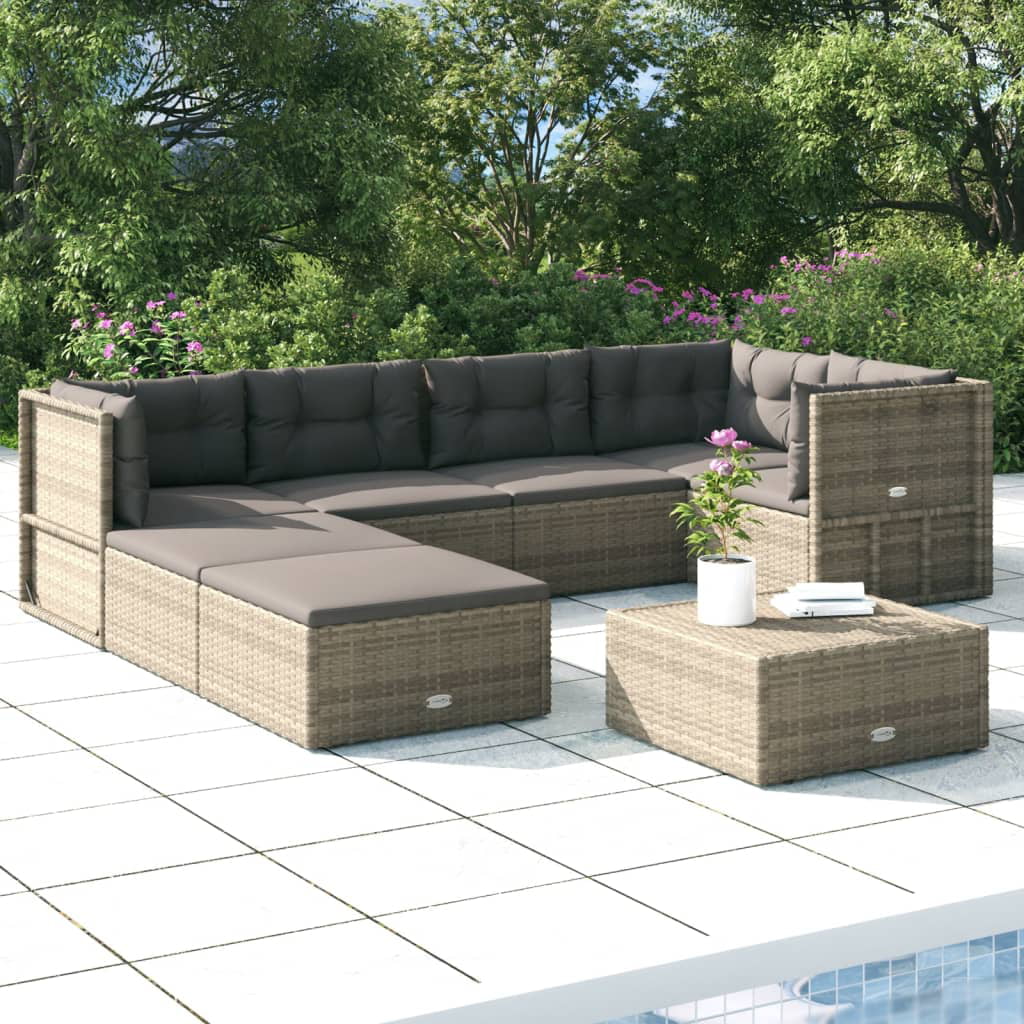 moobody 7 Piece Patio Set with Cushions Gray Poly Rattan