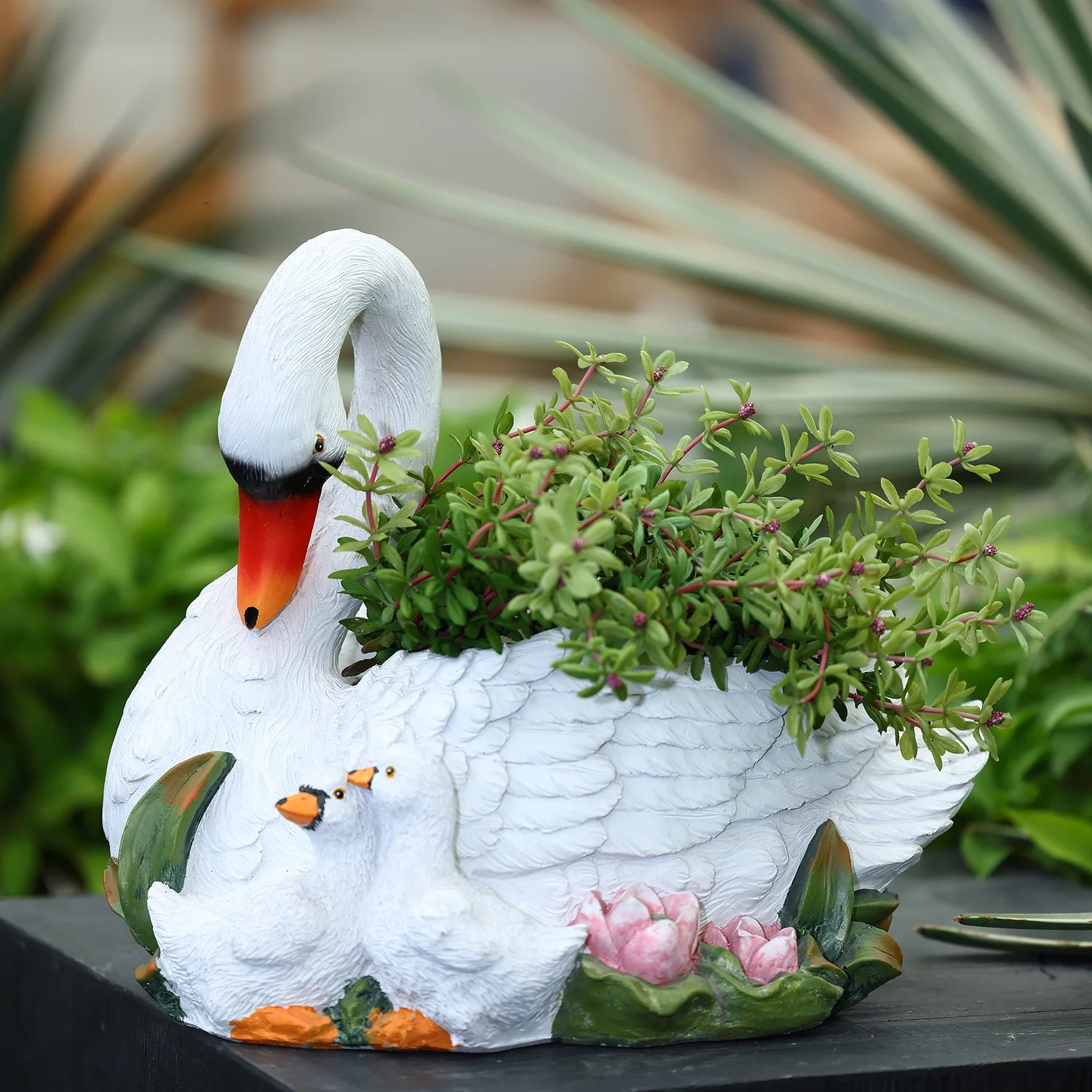 HomeStock Contemporary Cool White Resin Swan Family Planter