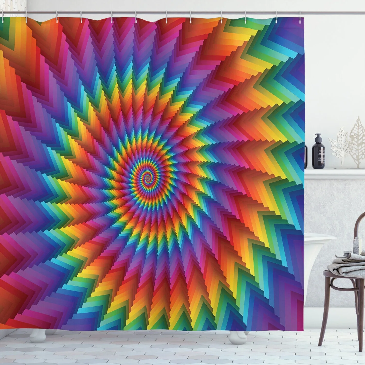 Trippy Shower Curtain Vibrant Rainbow Spiral Print for Bathroom