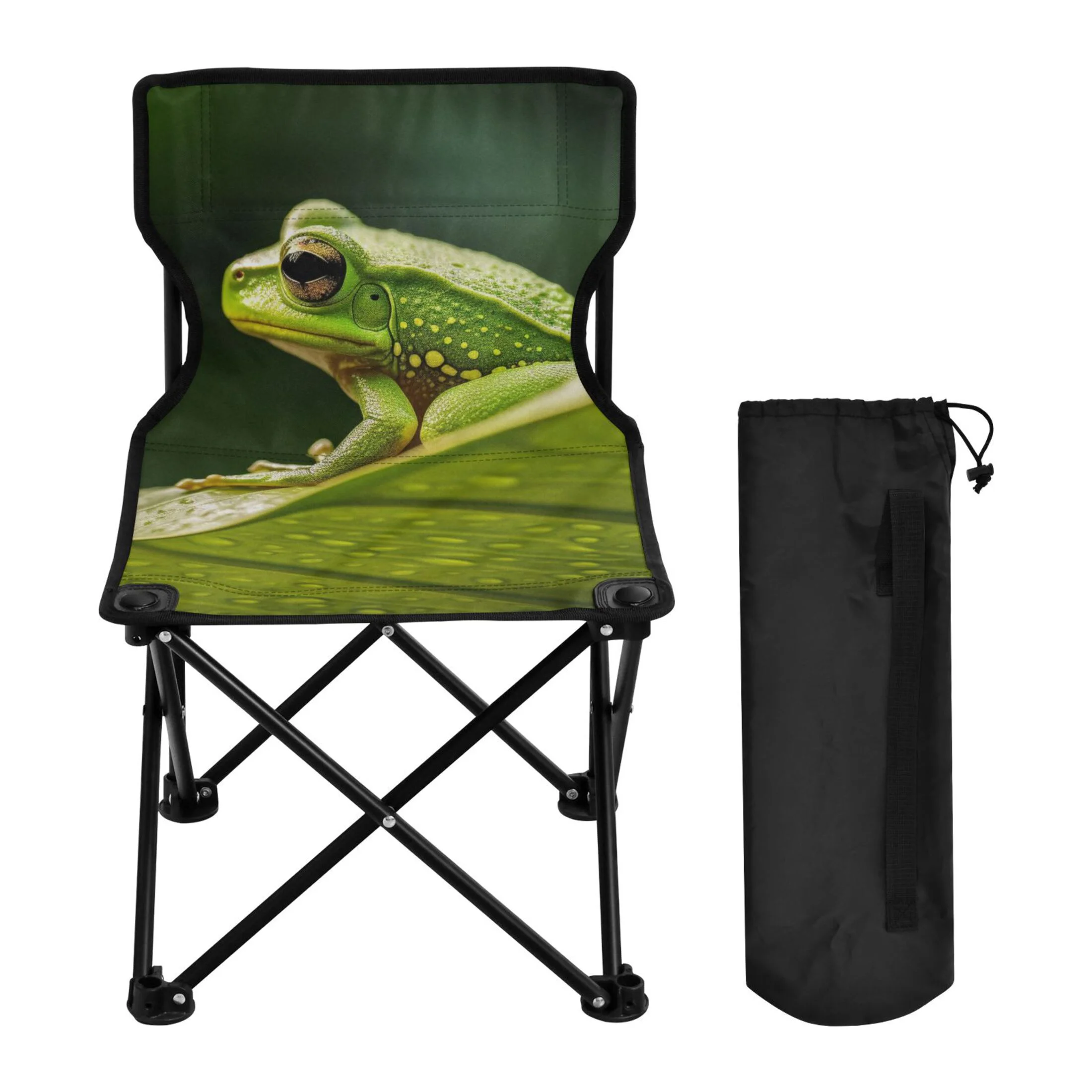Frog on Lotus Leaf Portable Camping Chair Small for Kids Outdoor Folding Beach Chair Fishing Chair Lawn Chair with Carry Bag