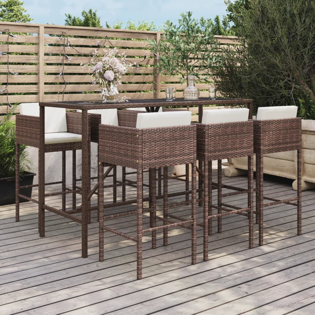 Dcenta 7 Piece Patio Bar Set with Cushions Brown Poly Rattan