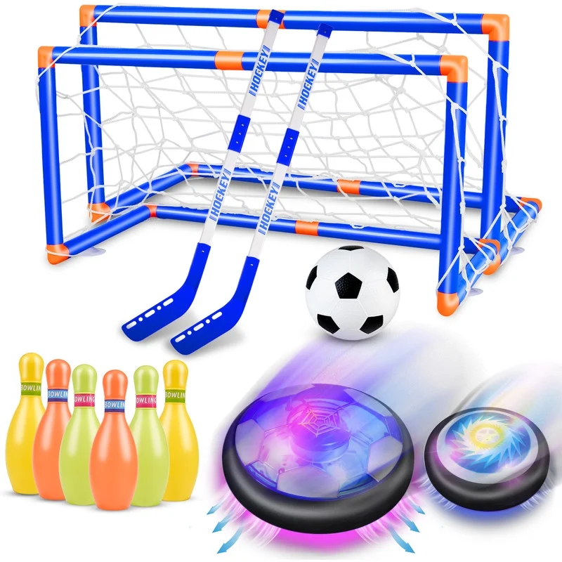3 in 1 Led Lighted Levitation Soccer Hockey Bowling Set, Levitation Soccer Set, Levitation Soccer Set with 2 Goals, Rechargeable Indoor/Outdoor Children's Play Toys for Kids, No Age Limit, Boys Girls
