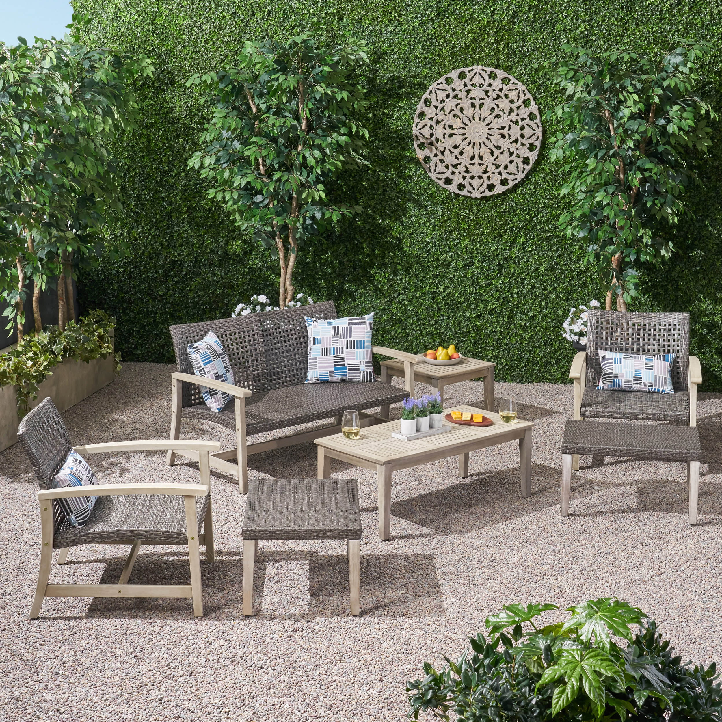 Camdyn Outdoor 7 Piece Wood and Wicker Chat Set, Mixed Black
