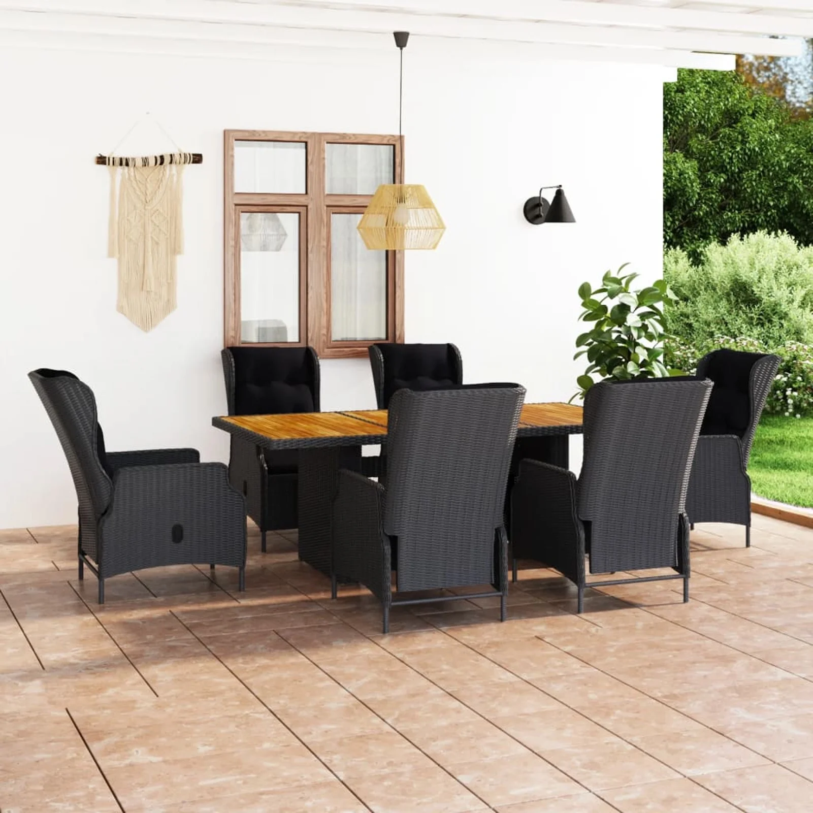 Anself 7 Piece Patio Dining Set Garden Table and 6 Chairs with Cushion Dark Gray Poly Rattan for Garden, Backyard, Balcony,  Furniture