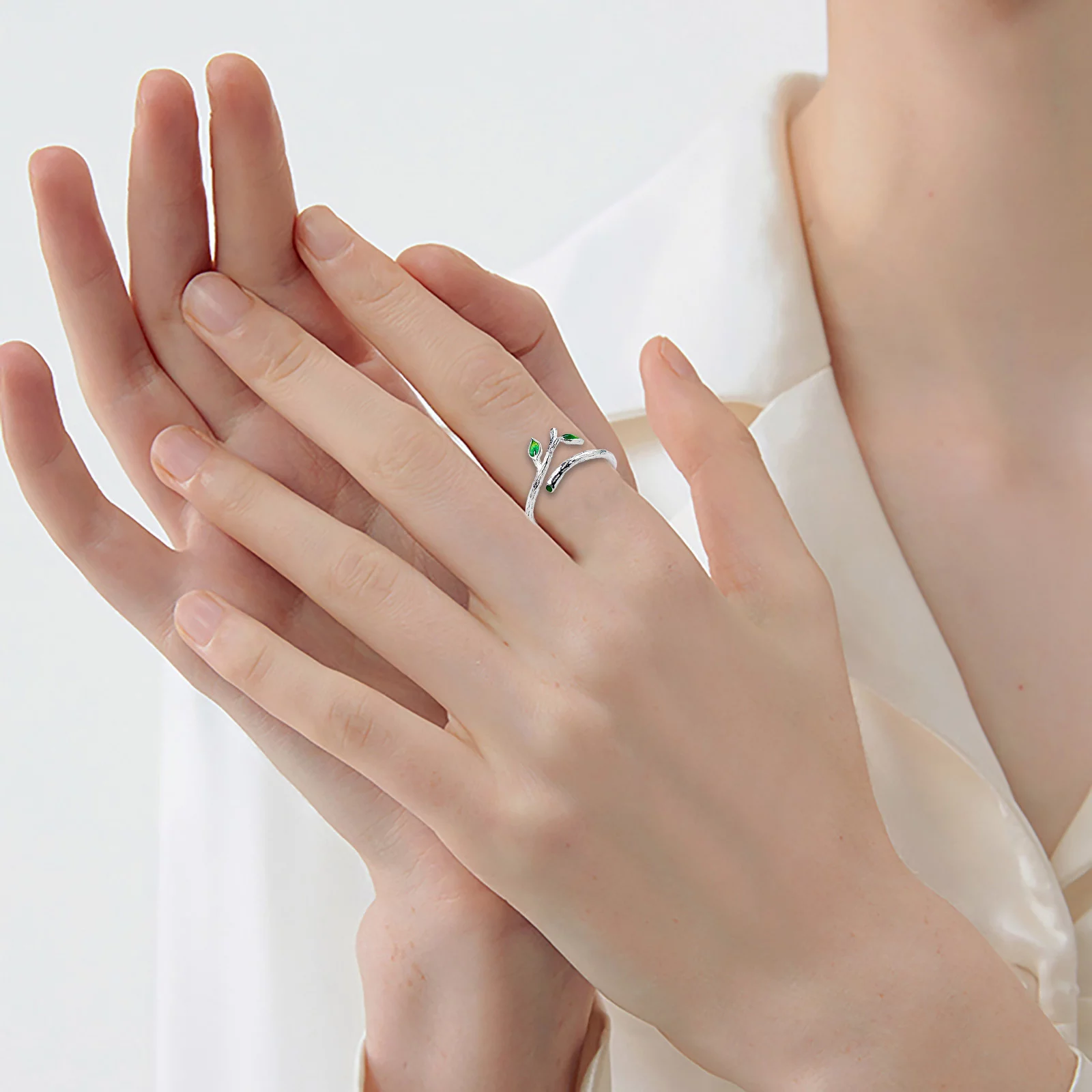 XZZjjl Sterling Silver Rings Round Shape Fashionable Nature Branch Leaves Ring Opening Adjustable Ring Jewelry