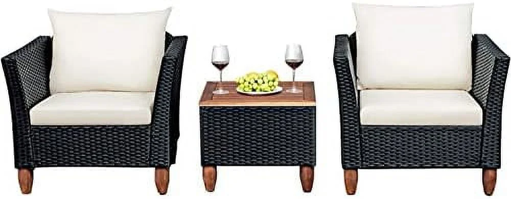 MQLIFEBOOM 3 Pieces Patio Conversation Set PE Rattan Wicker Sofa Set with Cushions  Outdoor  Set with Acacia Wood Coffee Table for Balcony Backyard Porch Garden