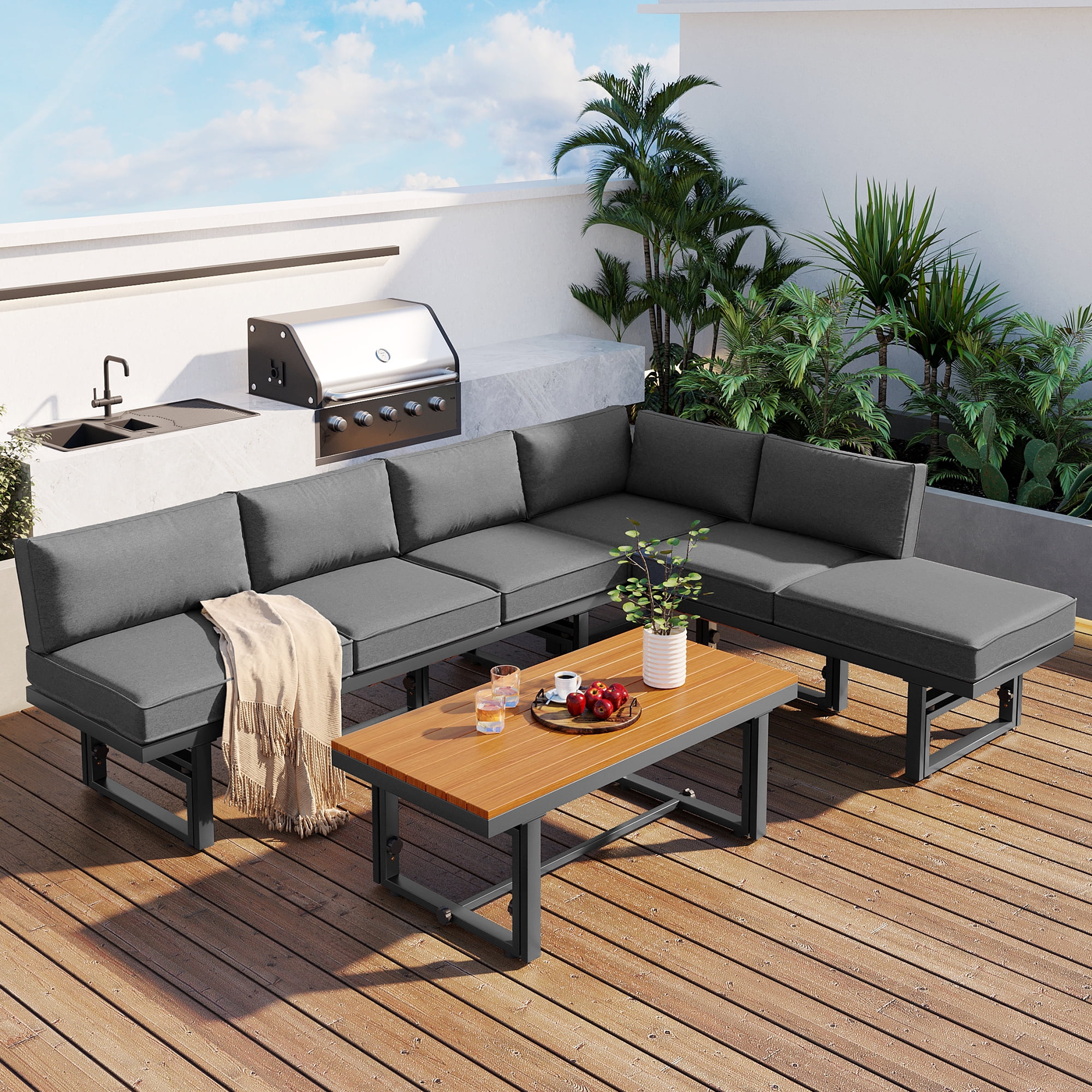 Homiyad 3-Piece Modern Multi-Functional Outdoor Sectional Sofa Set with Height-Adjustable Seating and Coffee Table for Patio, Garden and Backyard (Grey)