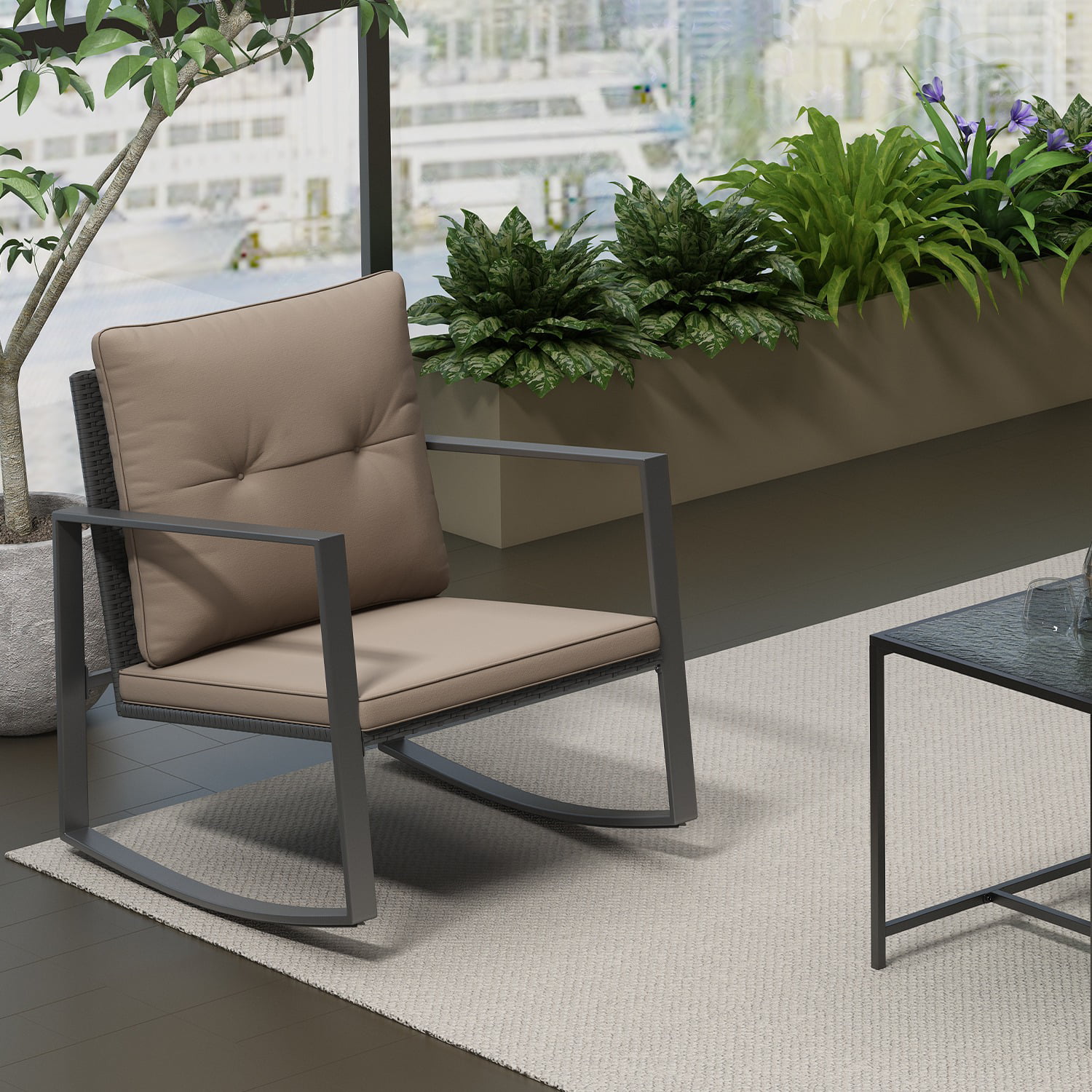 Riley 3-Piece Patio Modern Furniture Set - A Solid Glass Coffee Table WithTwo Plush Cushioned Chairs - Coffee/ Off-white