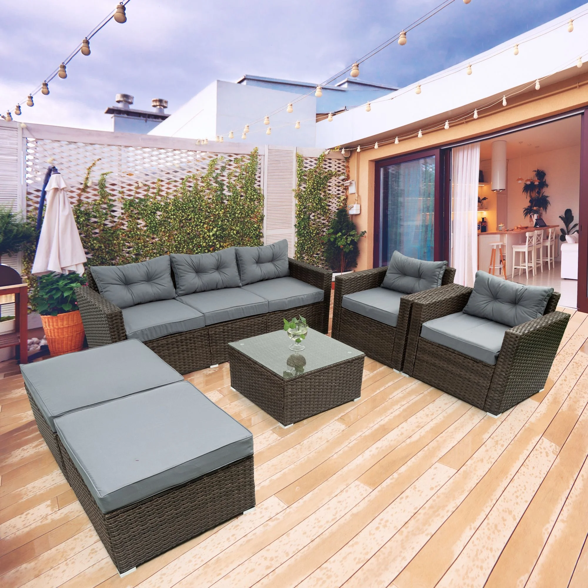 6-Piece L-Shaped Patio Furniture, Outdoor Wicker Conversation, All Weather PE Rattan Sectional Sofa Set with Removeable Cushions and Temper Glass Table Top