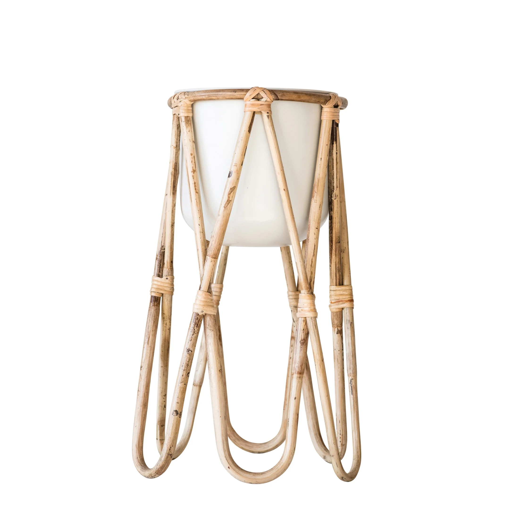 Bloomingville Off-White Metal Planter with Raised Bamboo Stand (Set of 2 Pieces)