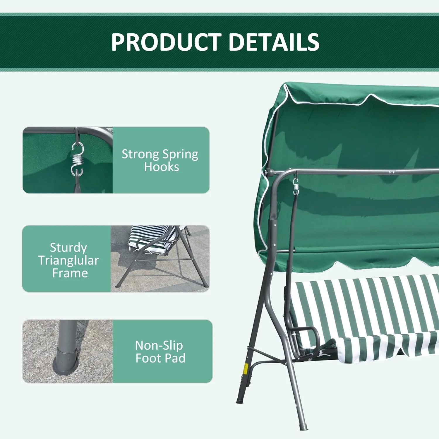 Green 3-Seat Patio Swing: Removable Cushion, Steel Frame, Adjustable Canopy