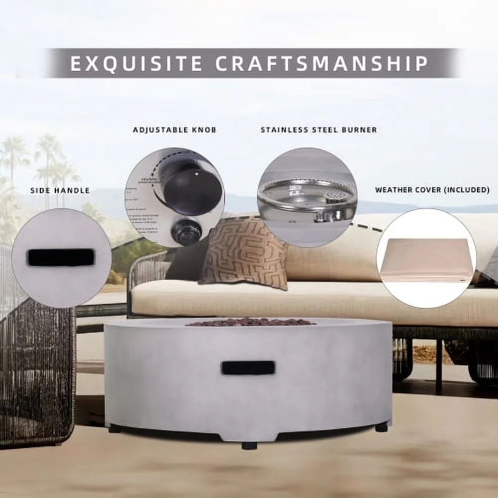 Buumin Diameter 30 Inch x 11 Inch Round Faux Concrete Texture Propane Gray Fire Pit With PVC Weather Cover