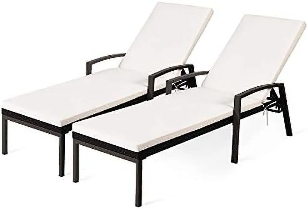 QYFZBIM Patio Chaise Lounge  Outdoor Wicker Rattan Chaise with Adjustable Backrest and Armrest for Beach Pool Yard  Rattan Sun Lounger with Padded Cushion  Beige