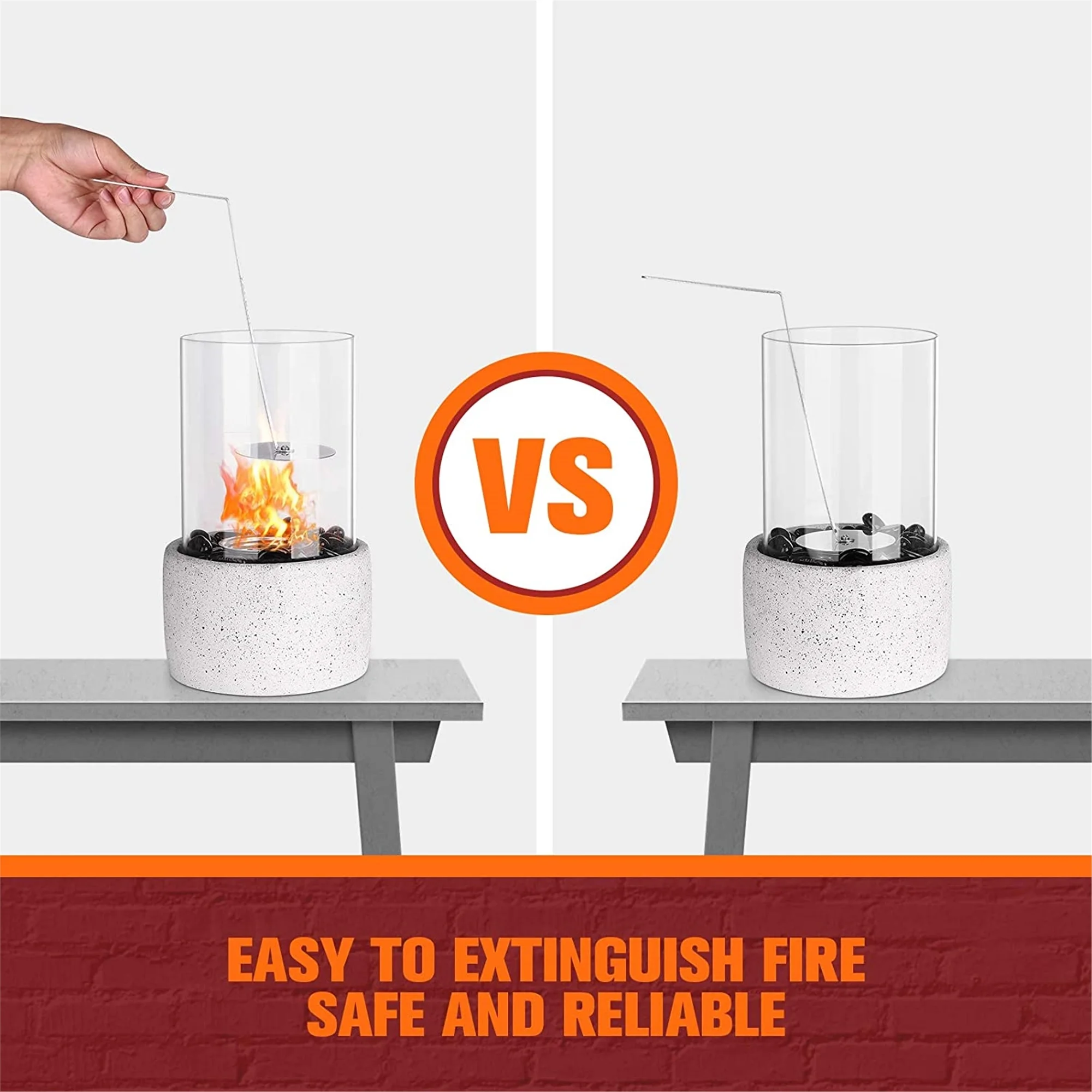 Tabletop Fire Pit, Tabletop Fireplace with Glass Stone, Concrete Material and Windproof Glass Cover,