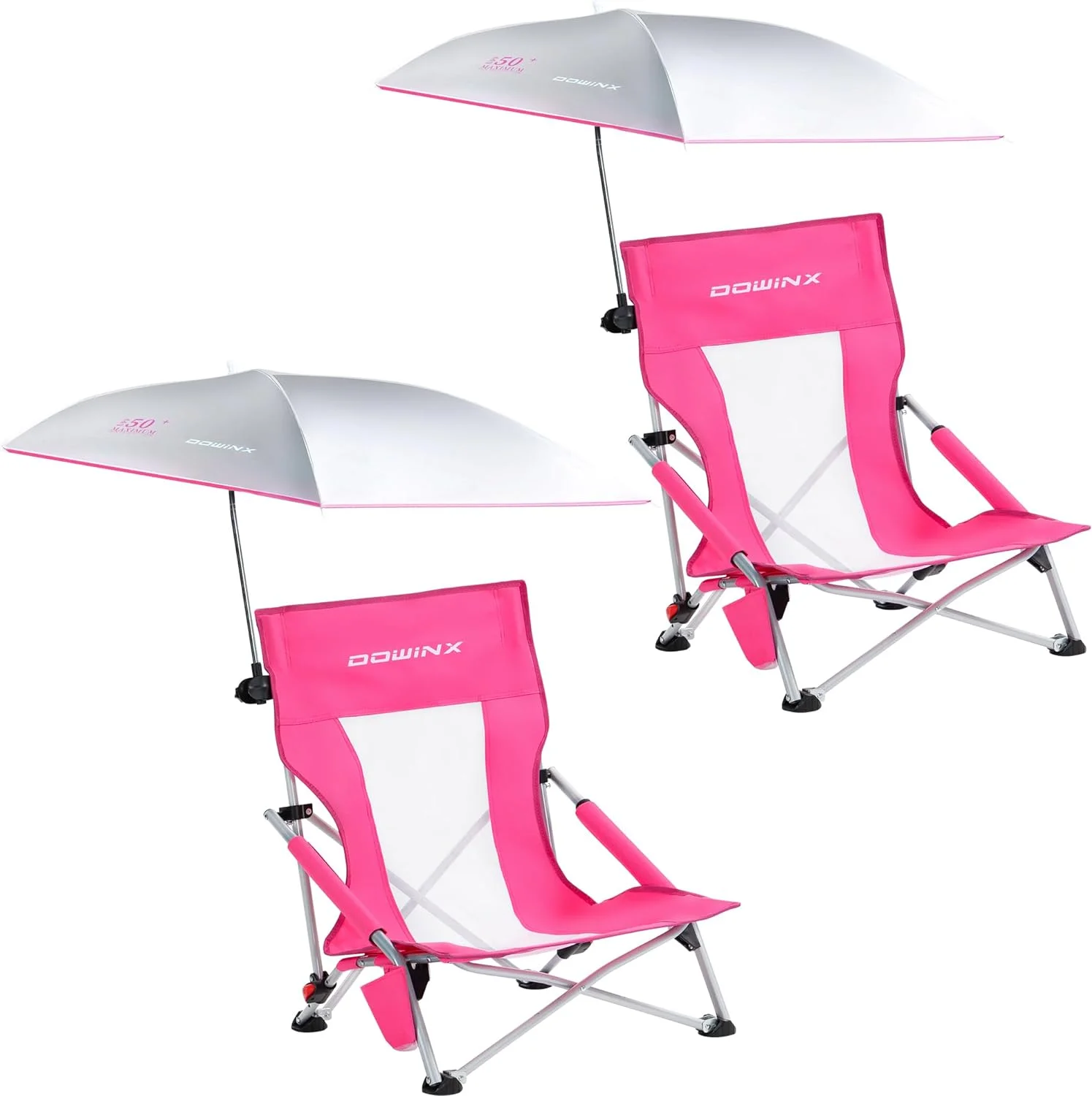 Dowinx Beach Chair with Adjustable Umbrella, Portable Low Camping Chair for Adults, High Back Lightweight Lawn Chair with Holdcup, UPF 50+, 2 Pack