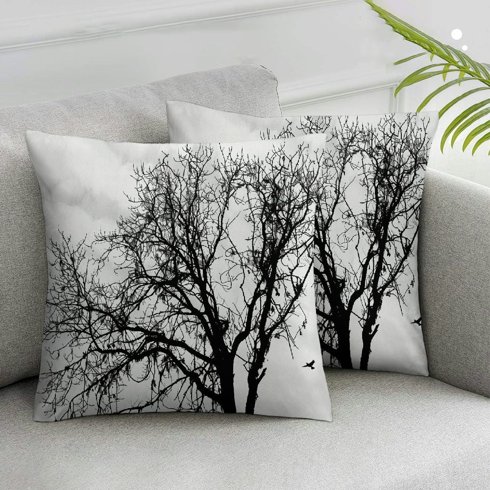 Nawypu  Nature Throw Pillow Cushion Cover, Leafless Autumn Fall Tree Branches Tops Oak Forest Woodland Season Eco Theme, Decorative Square Accent Pillow Case, Black and White