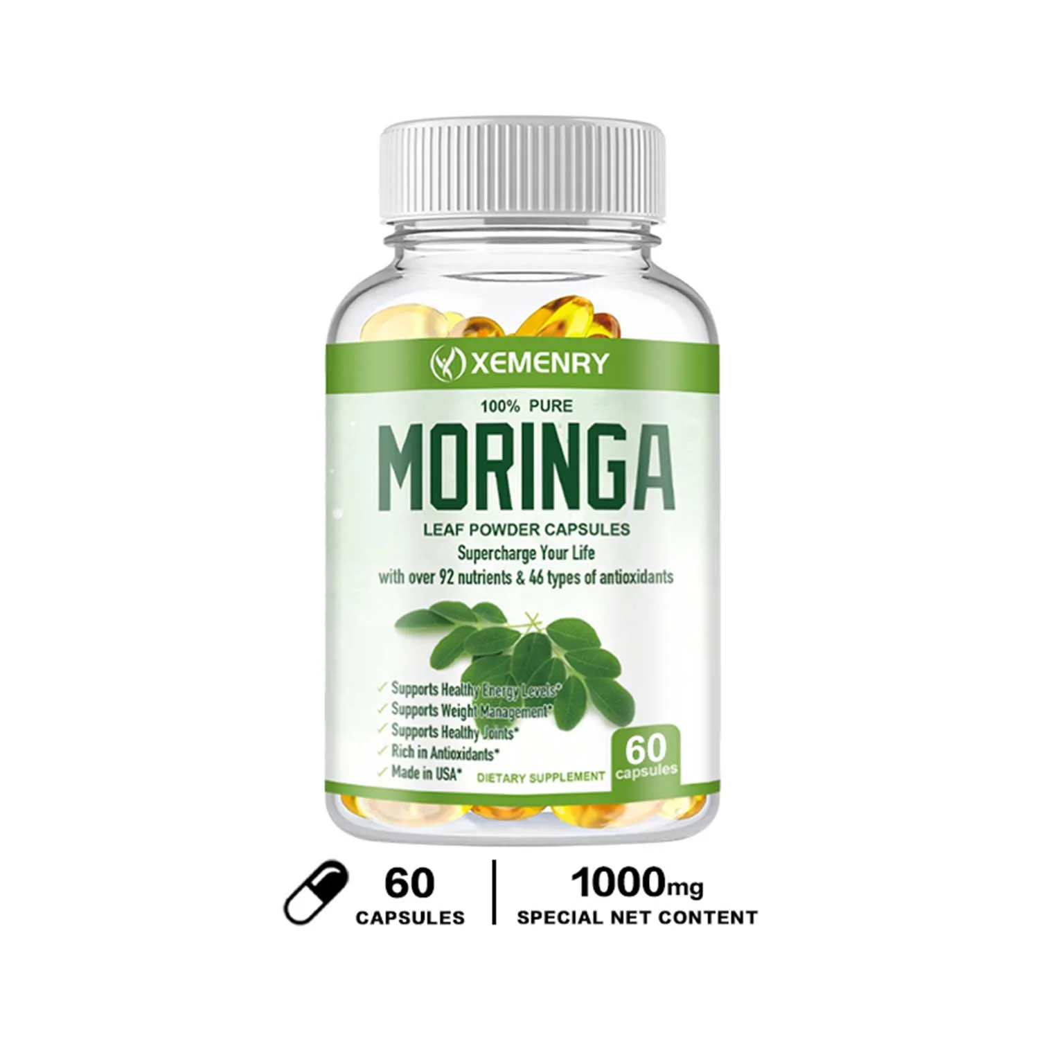Xemenry Moringa Capsules 1000mg-Antioxidant Rich,Energy Boost,lose Weight,Joint Health(30/60/120pcs)