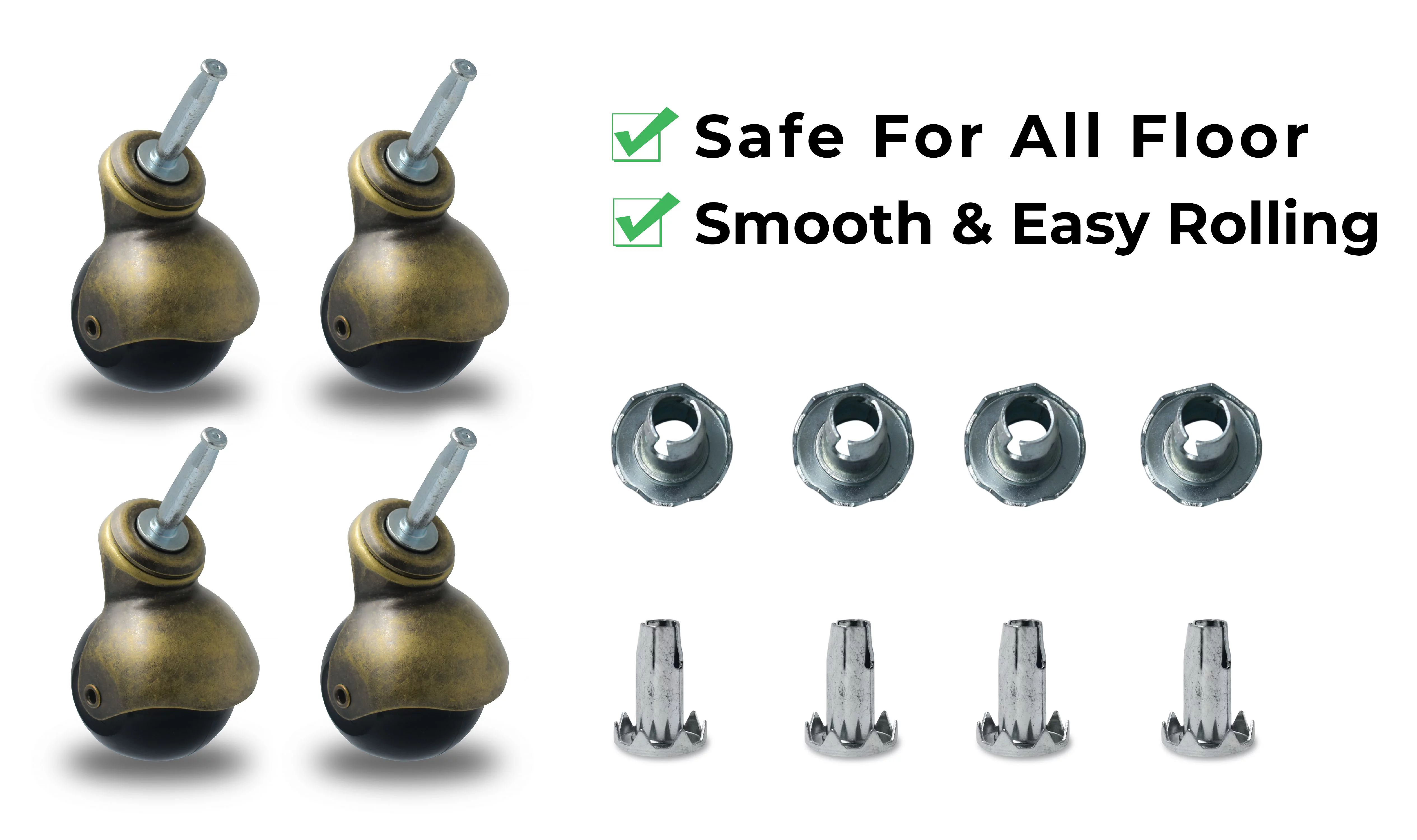 4-Pack 2-inch Antique Gold Poly Wheel Ball Caster with Wood Stem & Socket