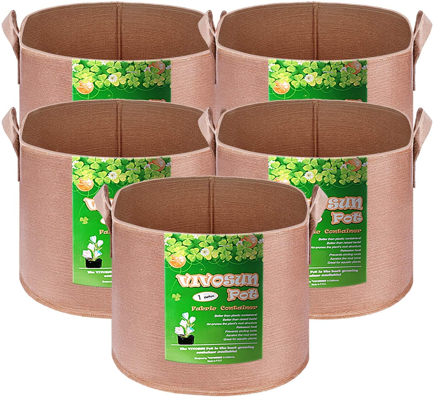 VIVOSUN 5-Pack 1 Gallon Brown Grow Bag, Fabric Pot with Handles for Vegtables and Plants