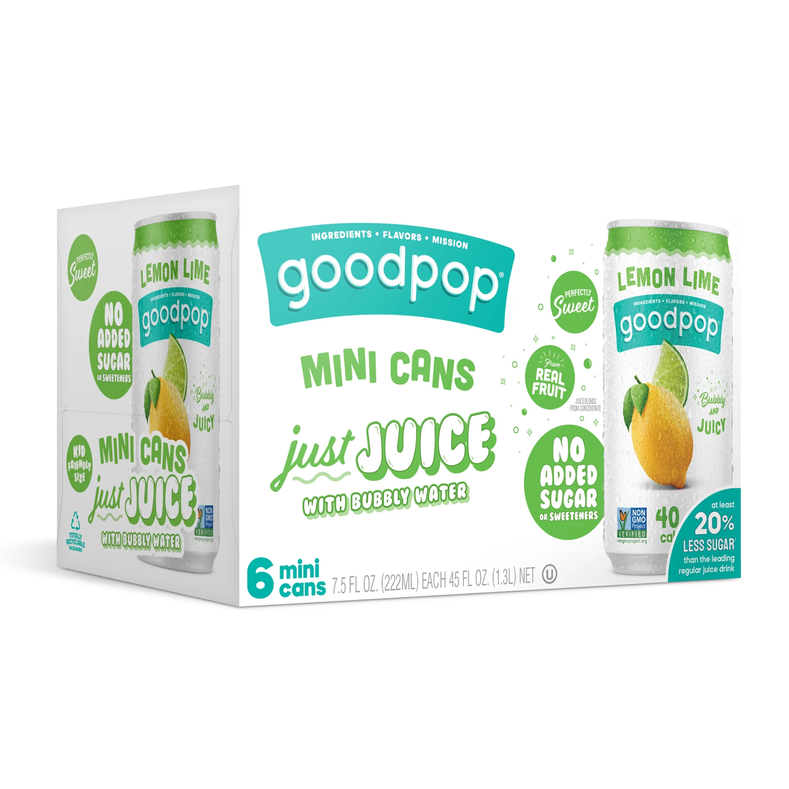 GoodPop Just Juice + Bubbly Water Mini Cans Lemon Lime 7.5 fl oz 6 pk
