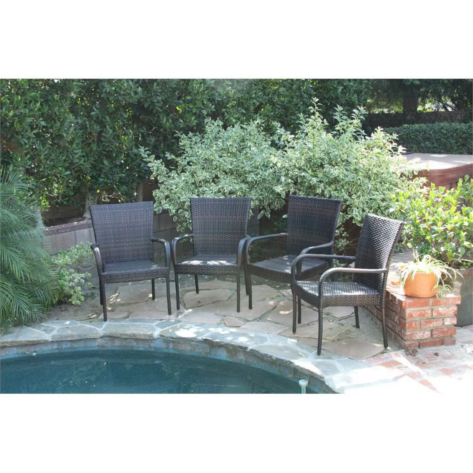 Noble House Benhill Wicker Stacking Patio Dining Arm Chair in Brown (Set of 4)