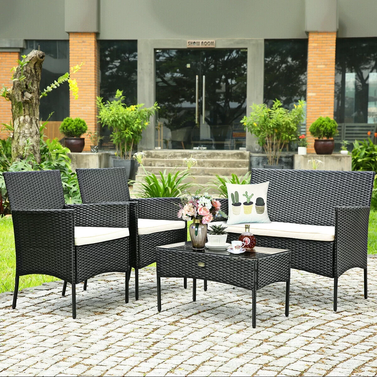 4-Piece Patio Conversation Sofa Set Rattan Wicker Sofa Set with Tempered Glass Coffee Table