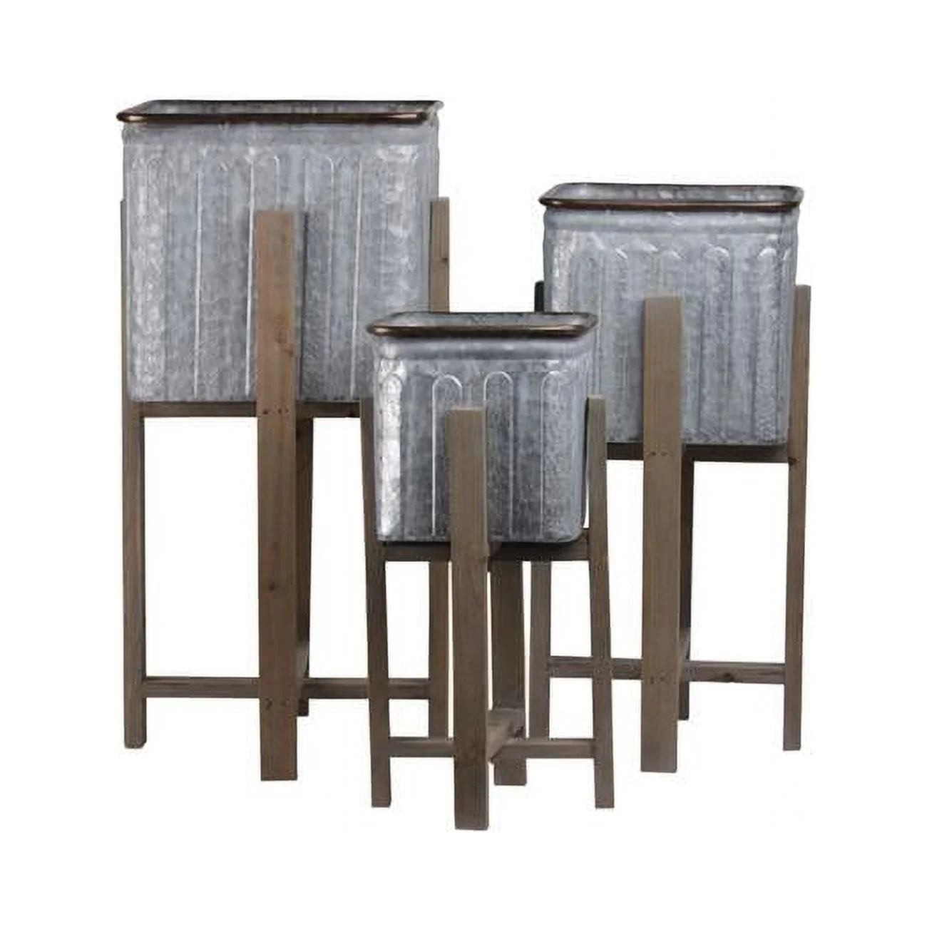 Metal Square Planter with Copper Rim Mouth & Rounded Edges, Vented Pattern Design Body, Wooden Detachable Leg Stand - Galvanized Finish - Gray - Set of 3