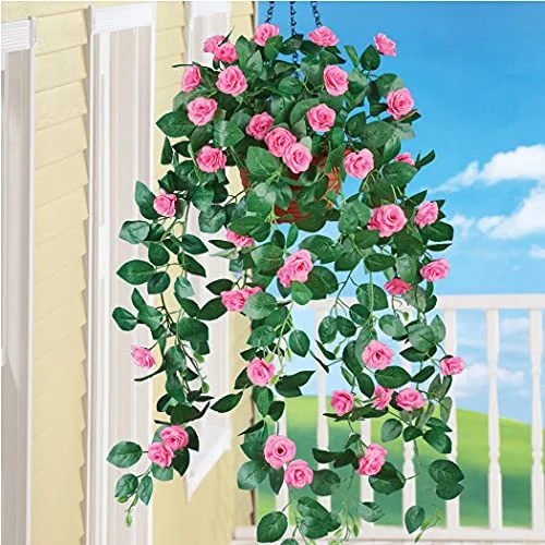 Artificial Cascading Rose Blossoms Bush With Lush Greenery, Set Of 2 - Place In Hanging Basket Indoors, Outdoors - Plastic, Polyester - 34