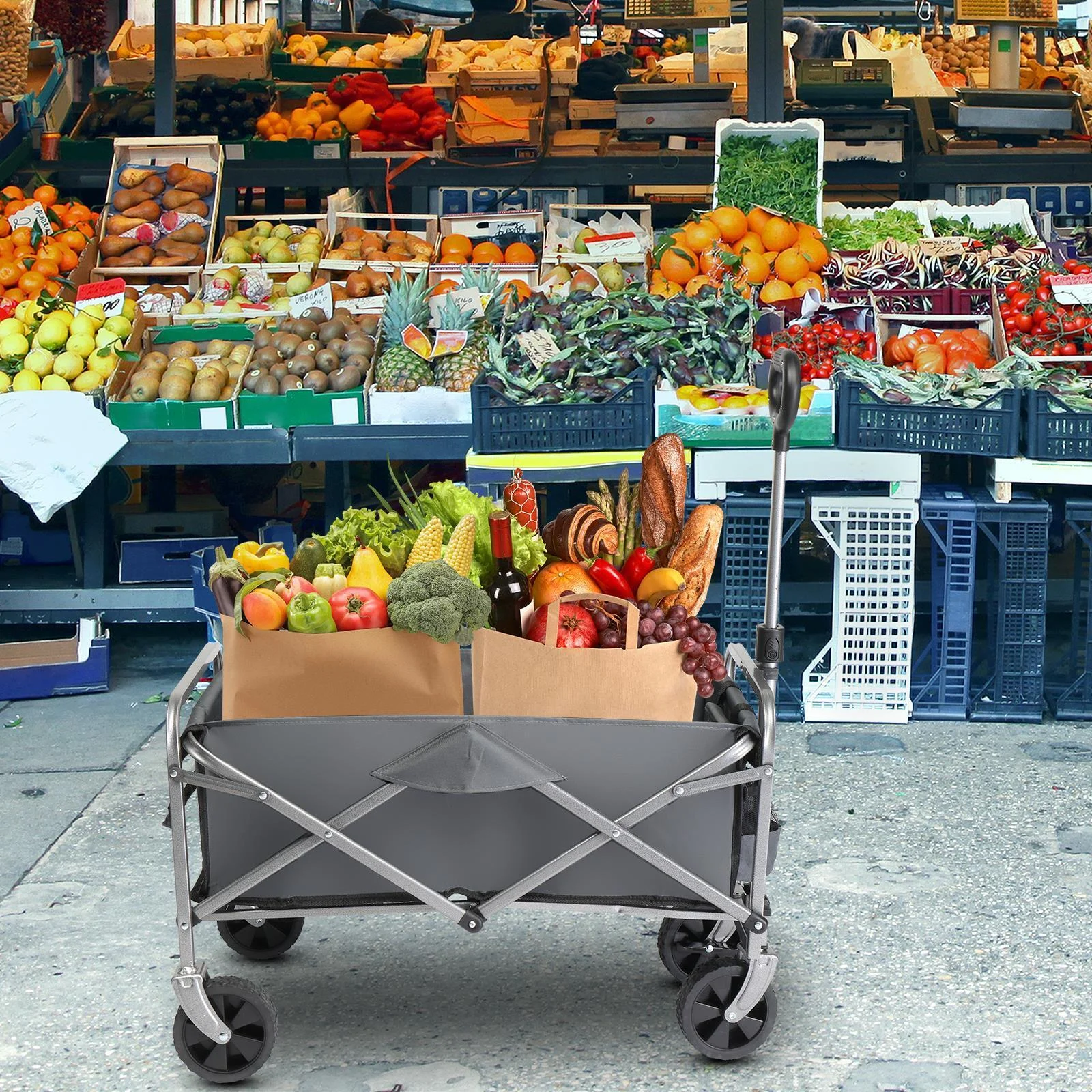 Folding Beach Outdoor Wagon Cart Collapsible Utility Garden Shopping Cart Gray