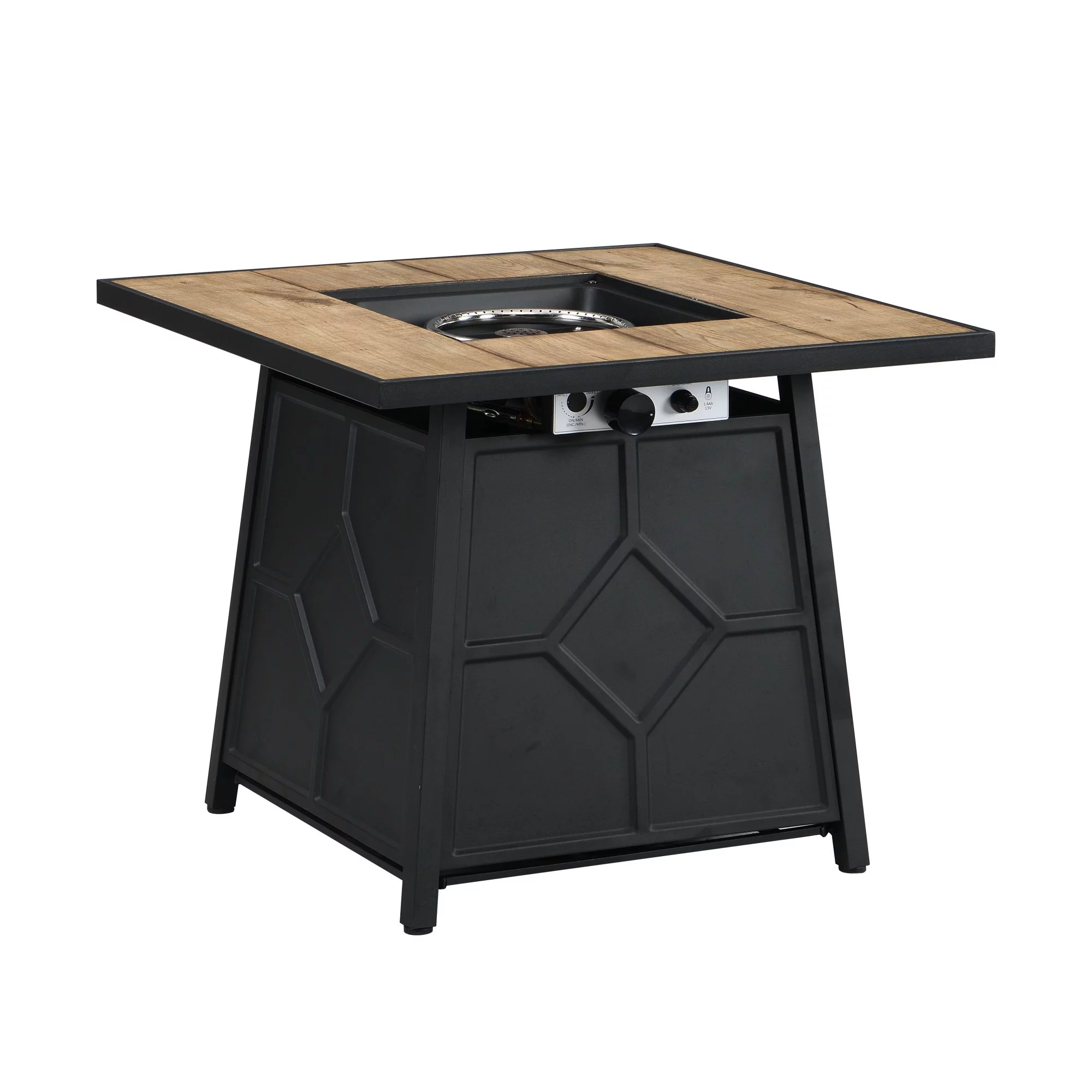 30 in. W x 25 in. H Square Black Metal Base Propane Gas Fire Pit with Wood Table Top in Black