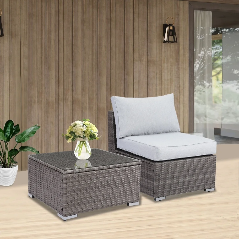 ZJbiubiuHome 2 Piece Light Grey Sofa Small Armless Single Rattan Sofa Couch Set With Small Couch