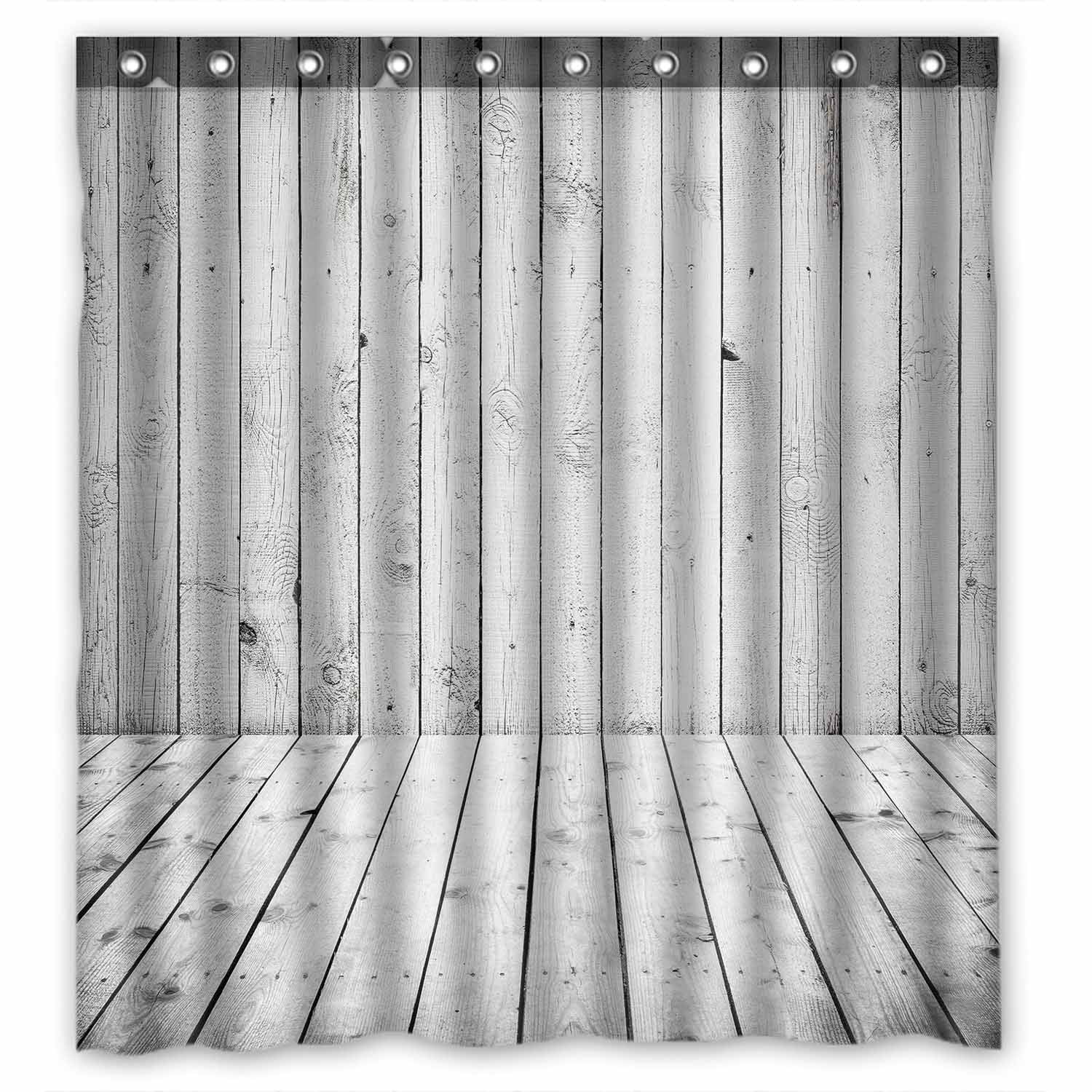 PKQWTM White Wooden Floor Wall WaterProof Polyester Fabric Shower Curtain Size 66x72 Inches