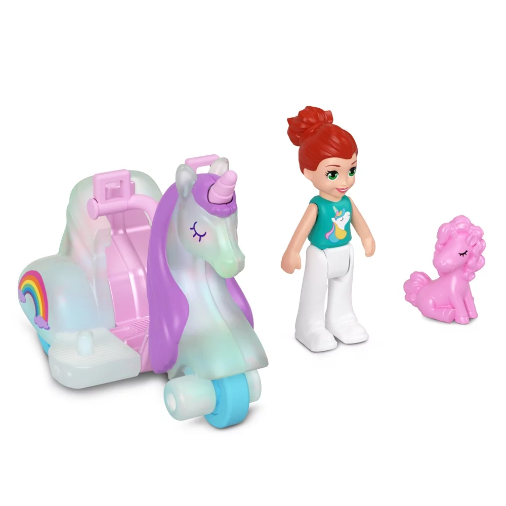 Polly Pocket Collectible Micro Mini Metal Vehicle, Poseable Doll and Pet Set - Lila Unicorn with Unicorn Scooter Car and Pink Unicorn Sidekick Playset