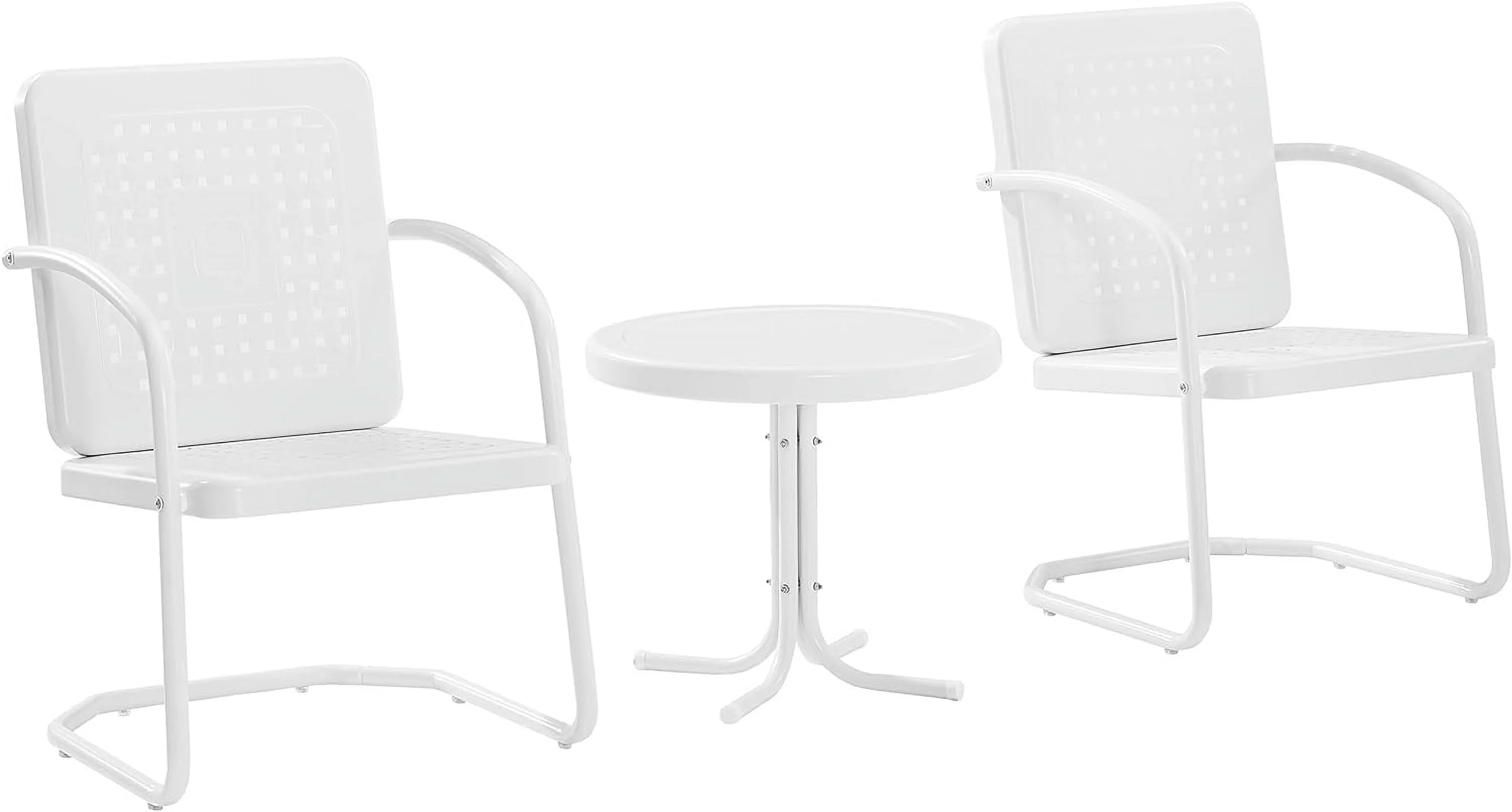 KO10019WH Bates 3-Piece Metal Outdoor Seating Set With Side Table And 2 Chairs, White Gloss And White