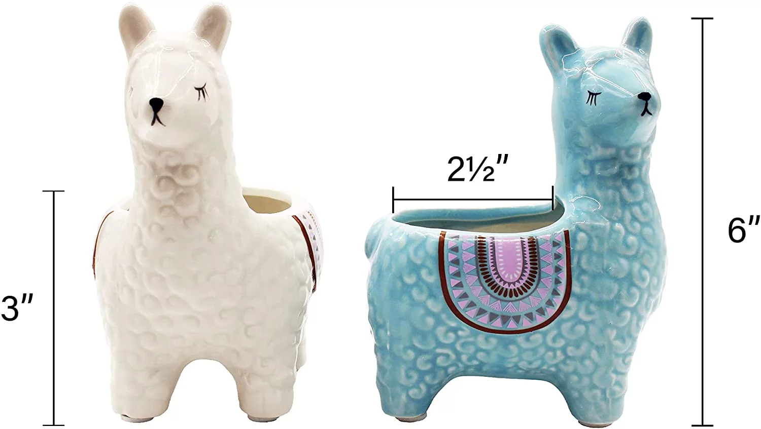 Alpaca Succulent Pots, 2 Pc. Set Animal Planter, Decorative Ceramic Planters for Natural Indoor Gardens and Cacti, Colorful Office and Home Decor for Living Room, Kitchen, or Desk